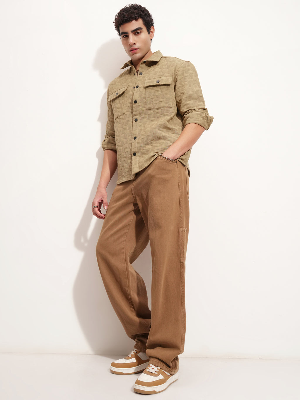Highlander Men Khaki Self Design Relaxed Fit Casual Shirt - Khaki - Image 2