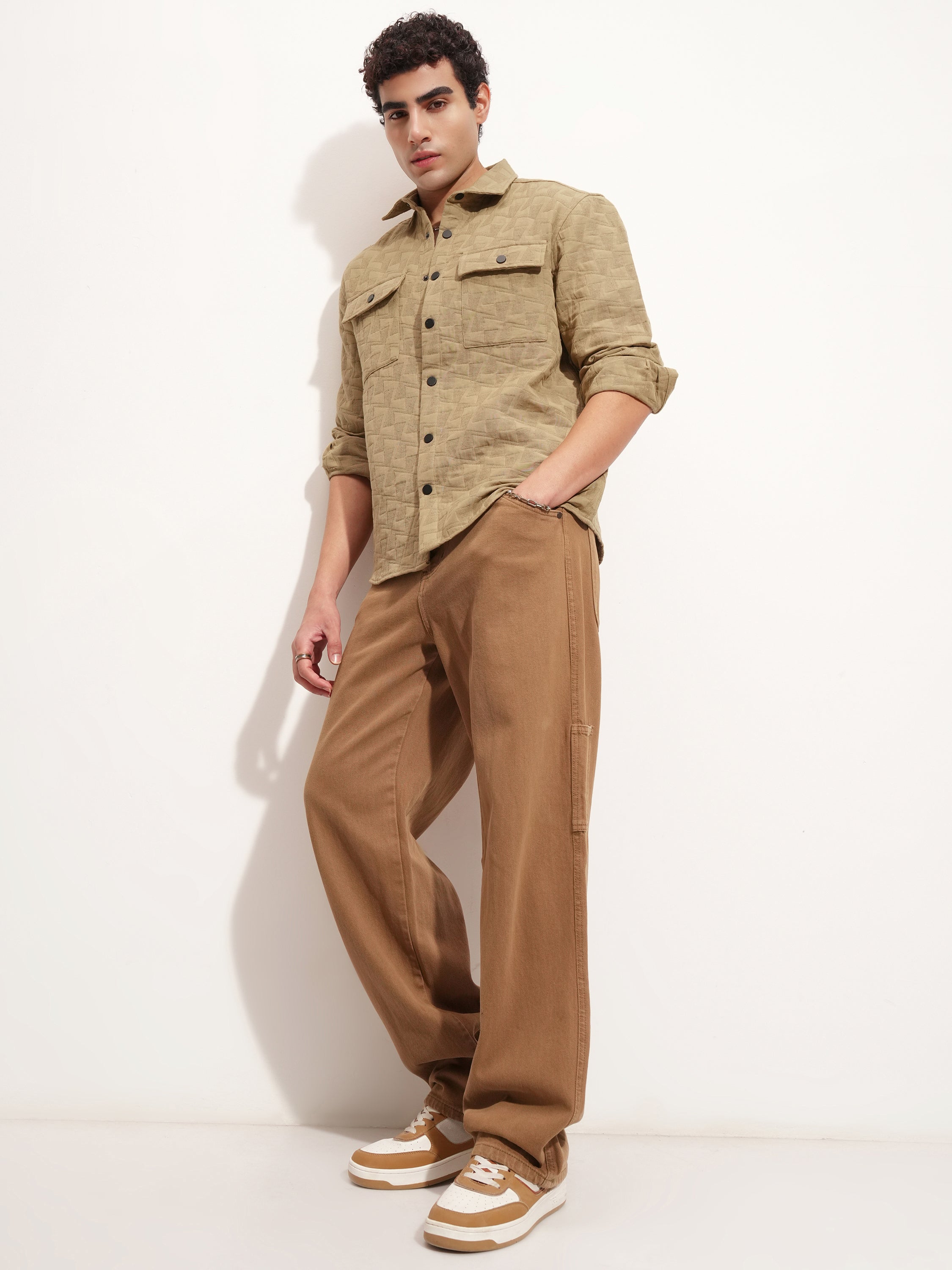 Highlander Men Khaki Self Design Relaxed Fit Casual Shirt - Khaki - Image 2