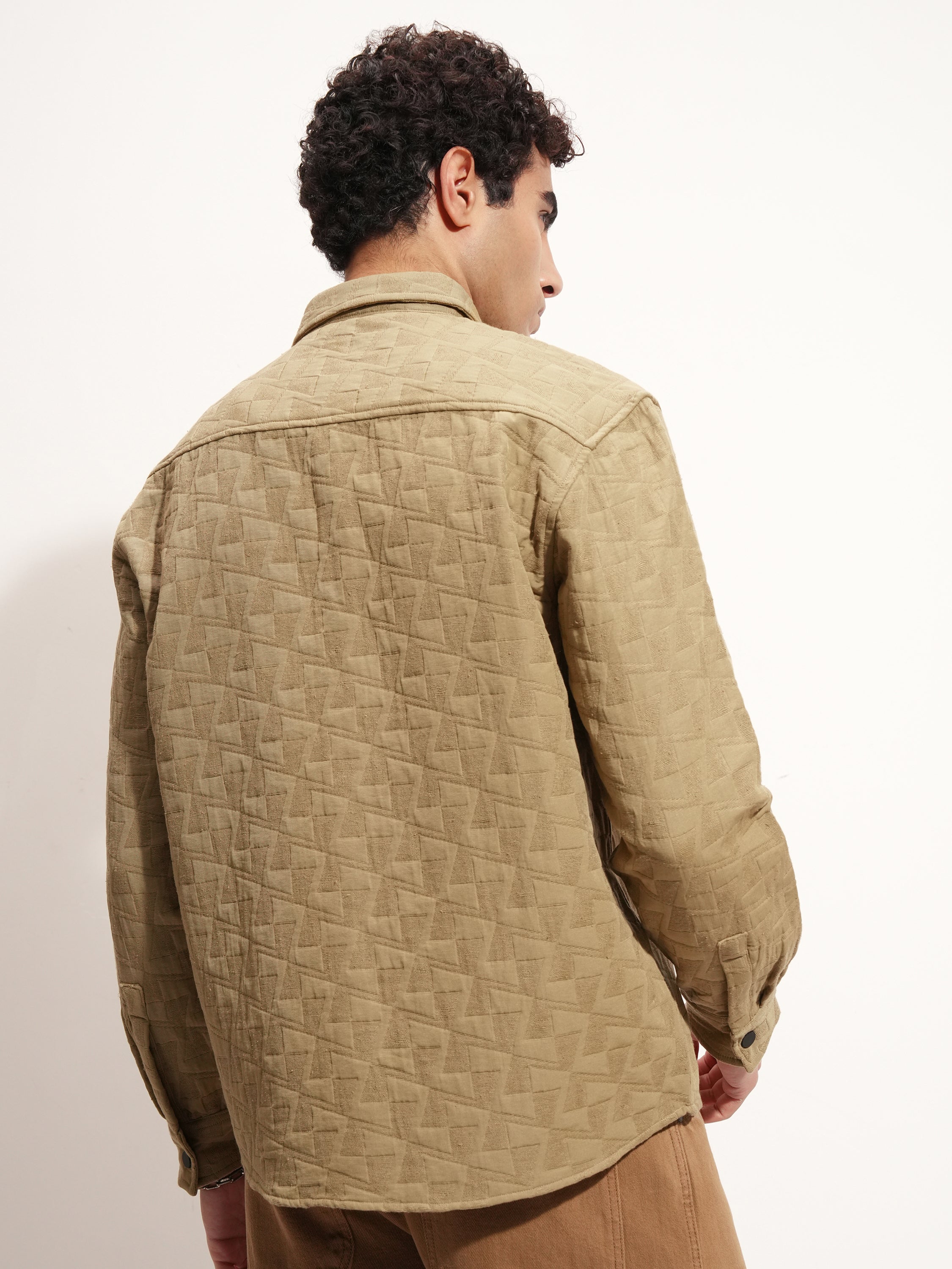 Highlander Men Khaki Self Design Relaxed Fit Casual Shirt - Khaki - Image 3