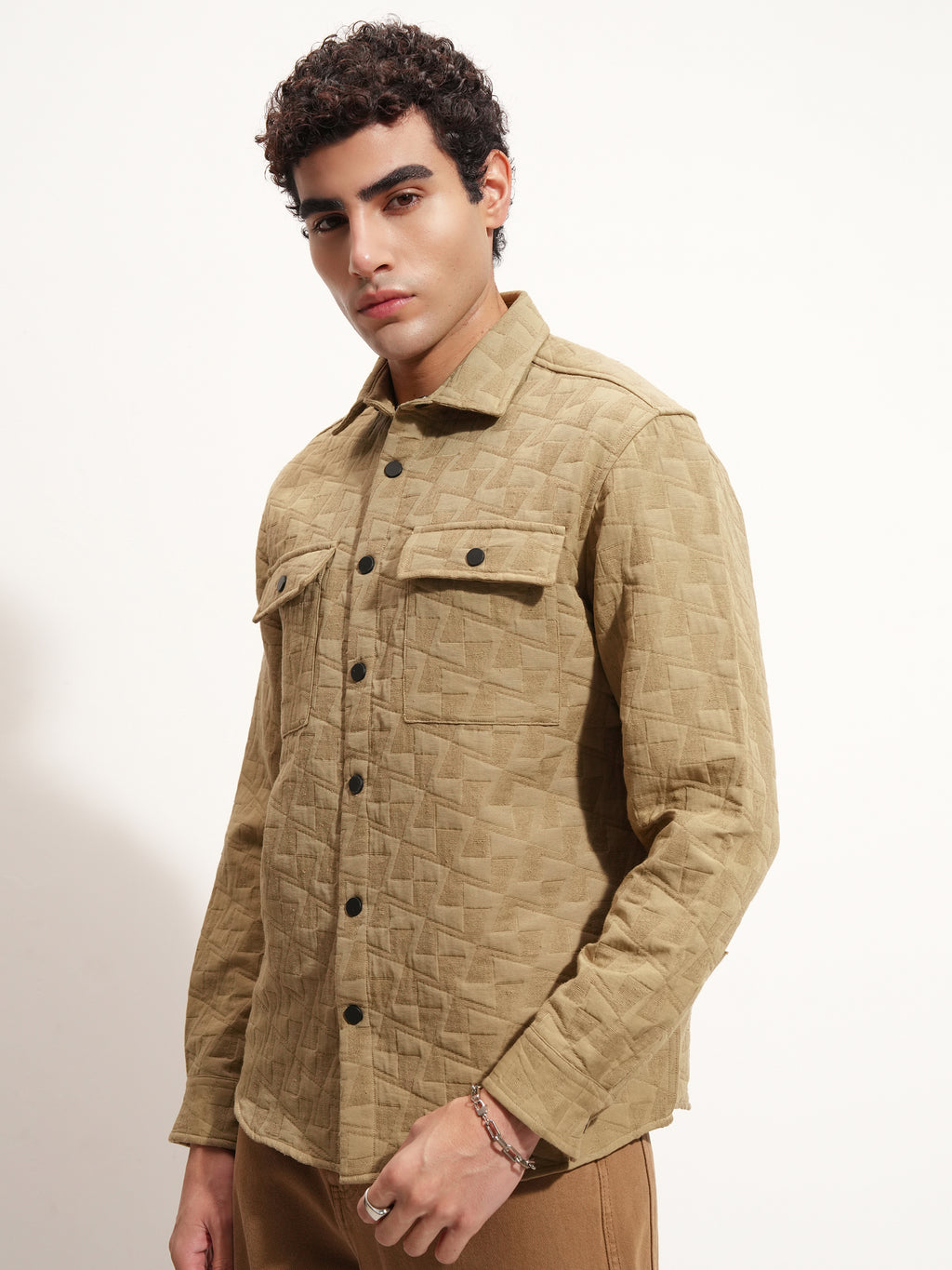 Highlander Men Khaki Self Design Relaxed Fit Casual Shirt - Khaki - Image 4