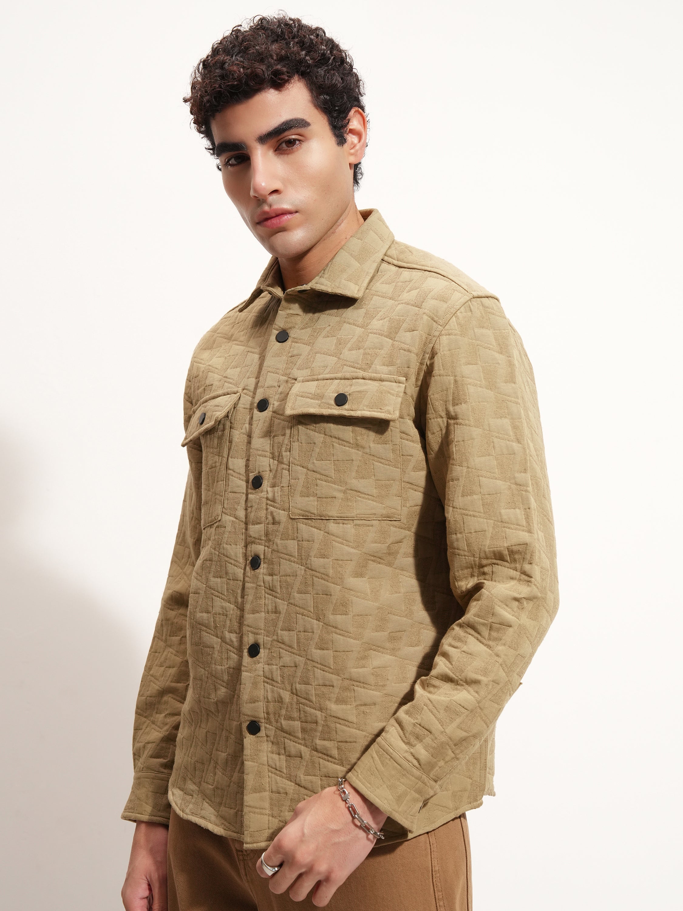 Highlander Men Khaki Self Design Relaxed Fit Casual Shirt - Khaki - Image 4