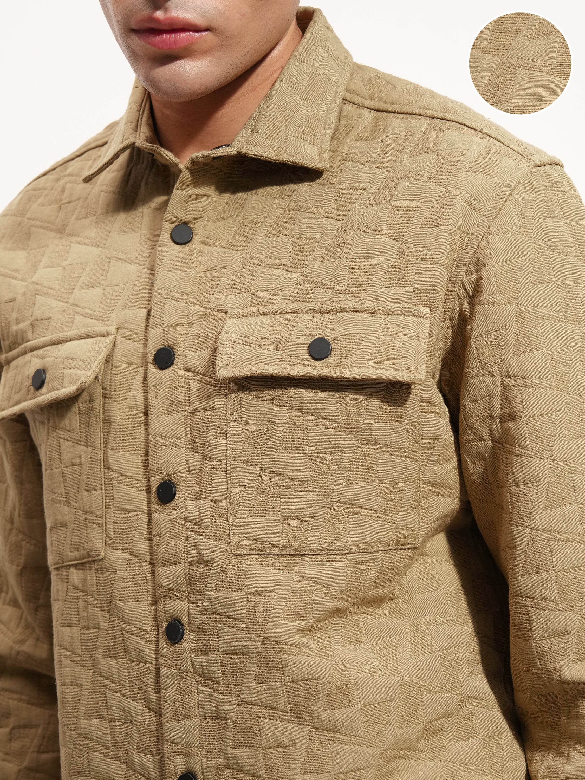 Highlander Men Khaki Self Design Relaxed Fit Casual Shirt - Khaki - Image 5