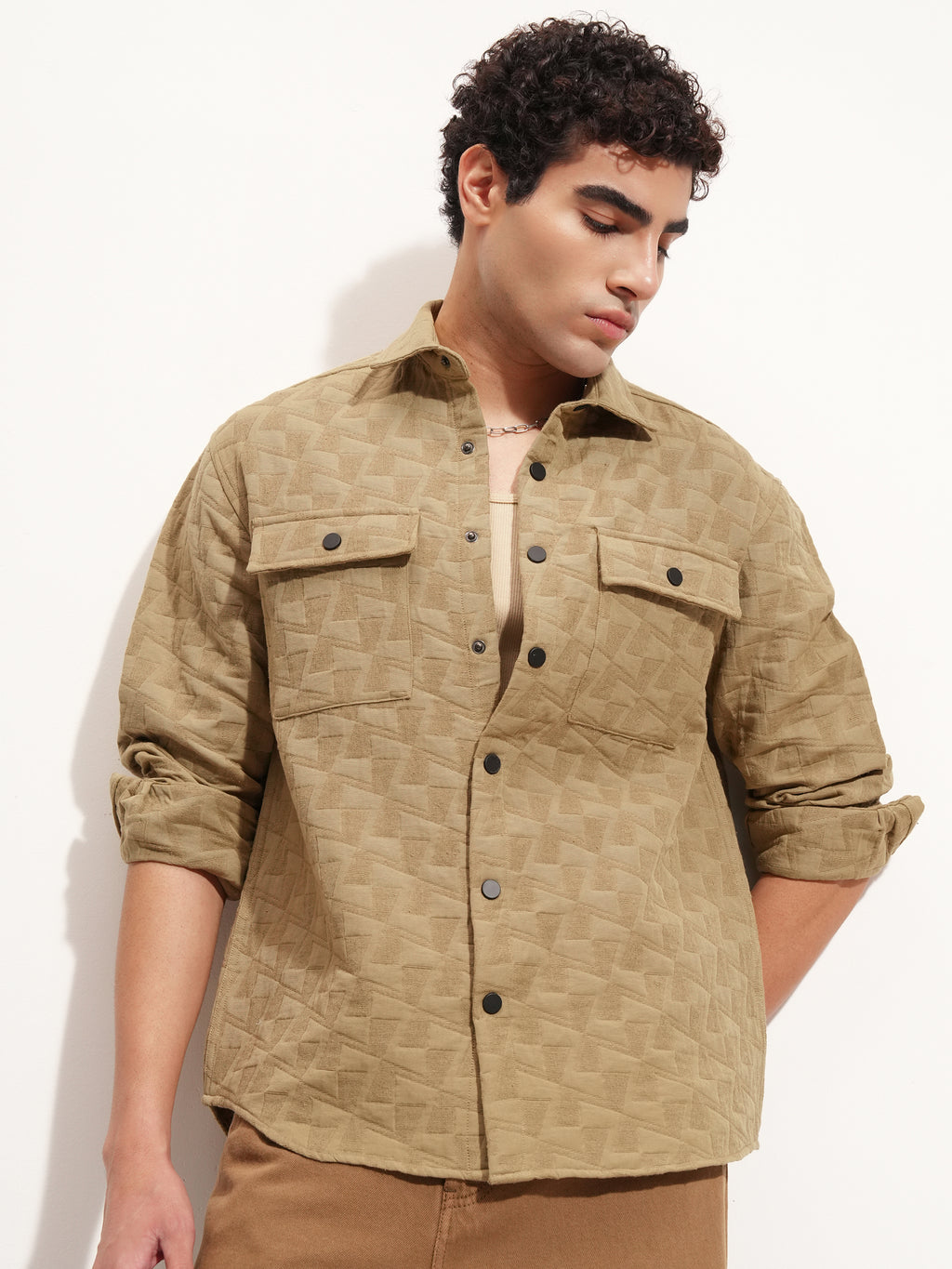 Highlander Men Khaki Self Design Relaxed Fit Casual Shirt - Khaki - Image 6
