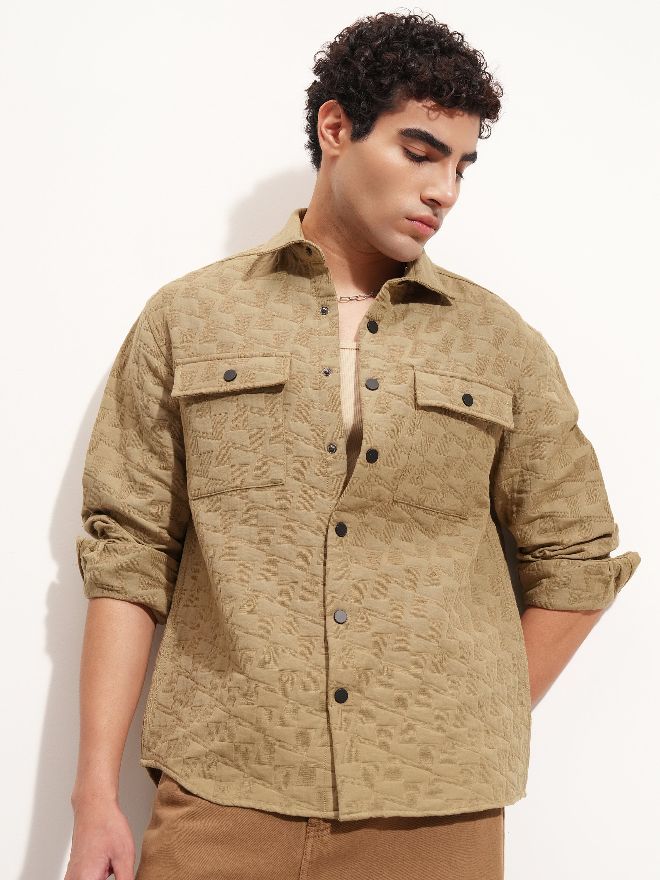 Highlander Men Khaki Self Design Relaxed Fit Casual Shirt - Khaki - Image 6