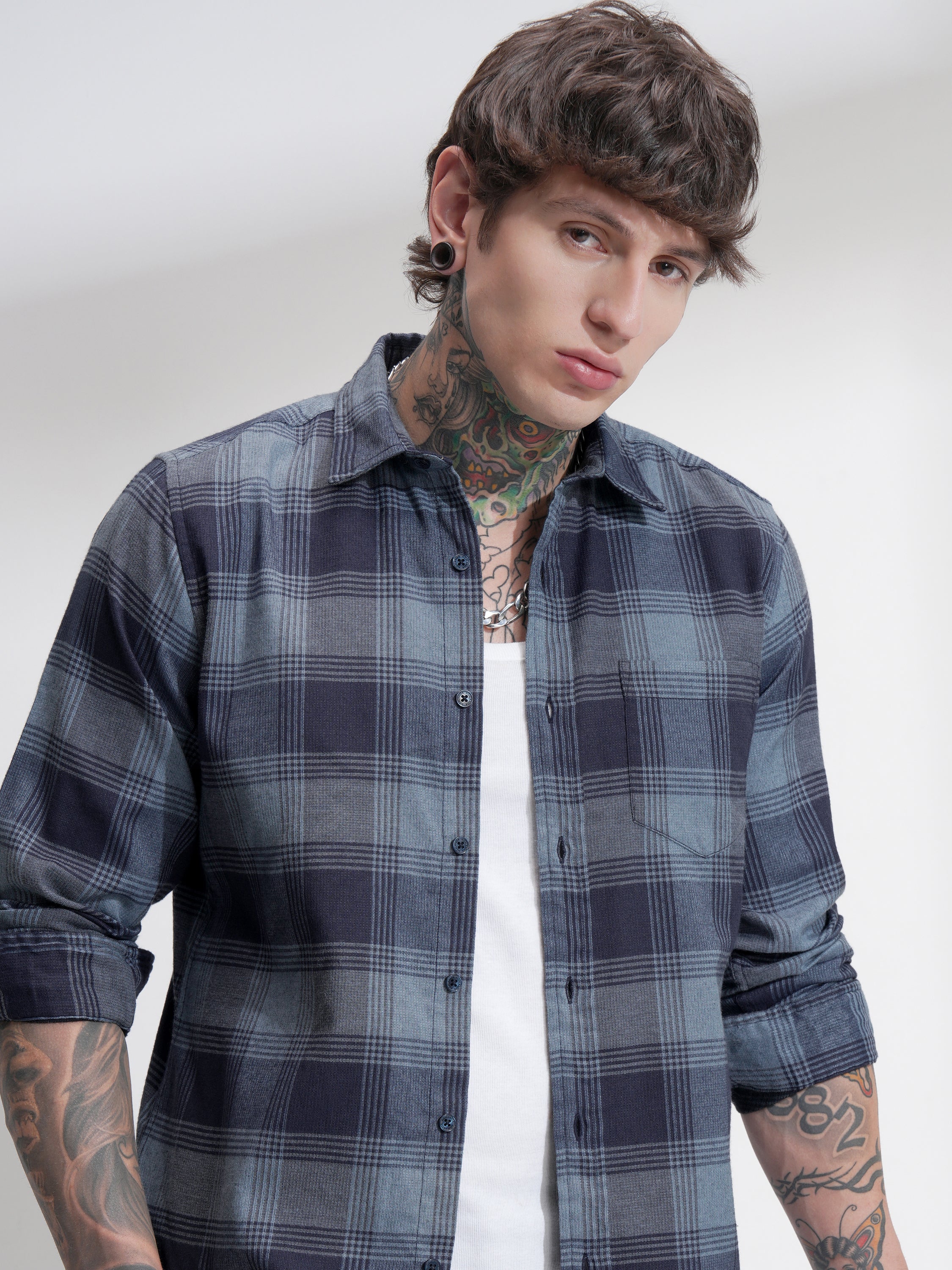Highlander Men Navy Blue Checked Slim Fit Casual Shirt - Navy Blue - Image 1