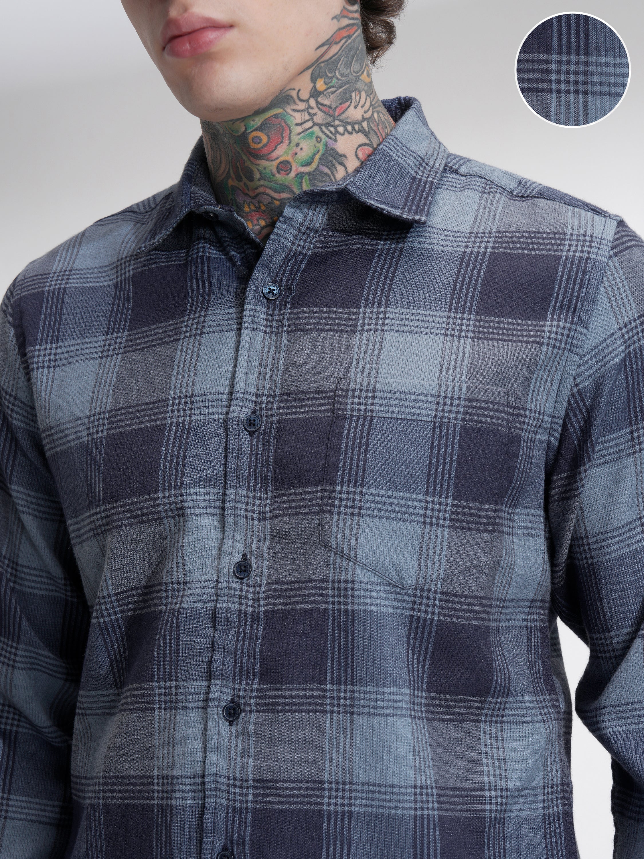 Highlander Men Navy Blue Checked Slim Fit Casual Shirt - Navy Blue - Image 5