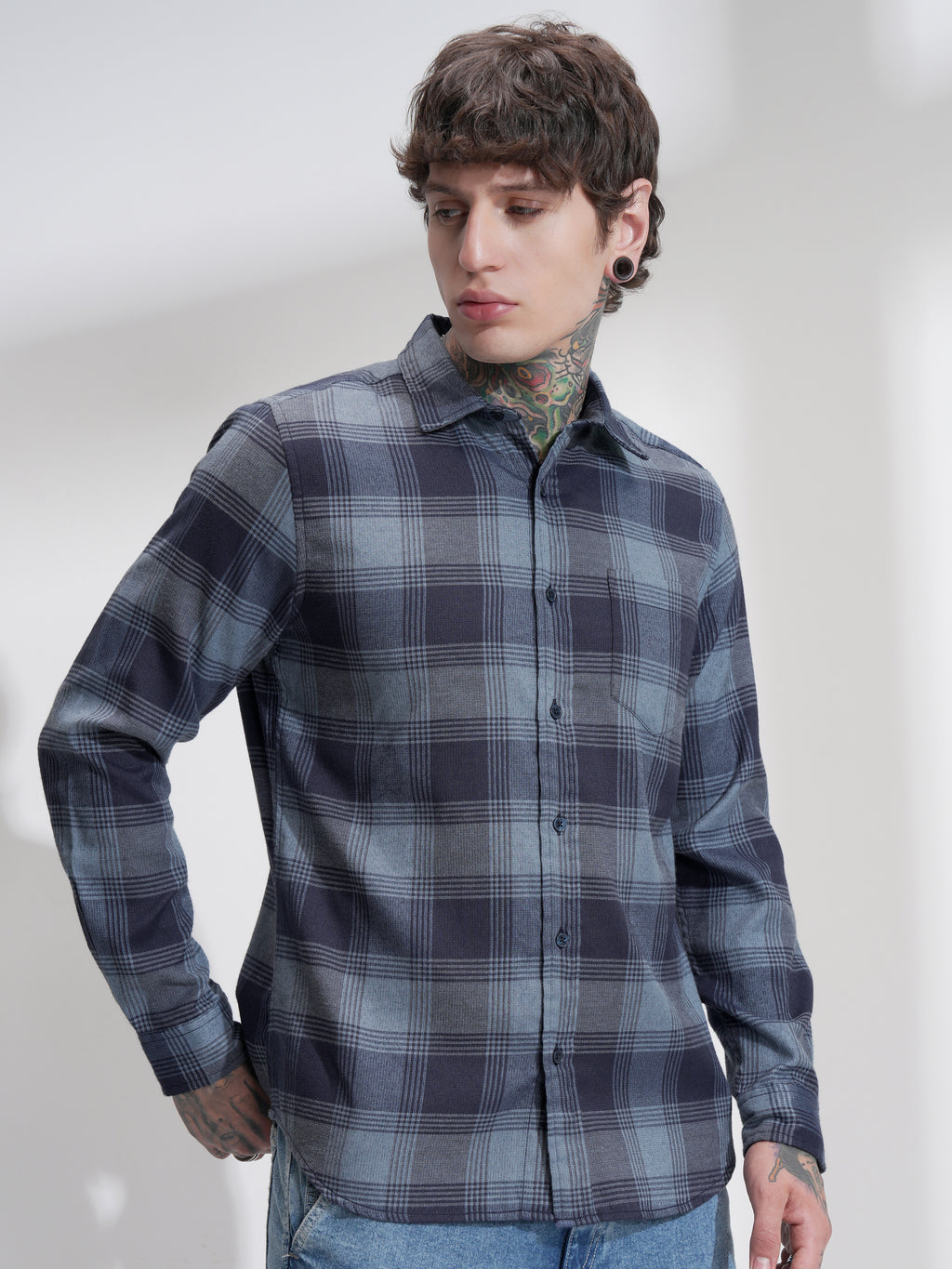 Highlander Men Navy Blue Checked Slim Fit Casual Shirt - Navy Blue - Image 6