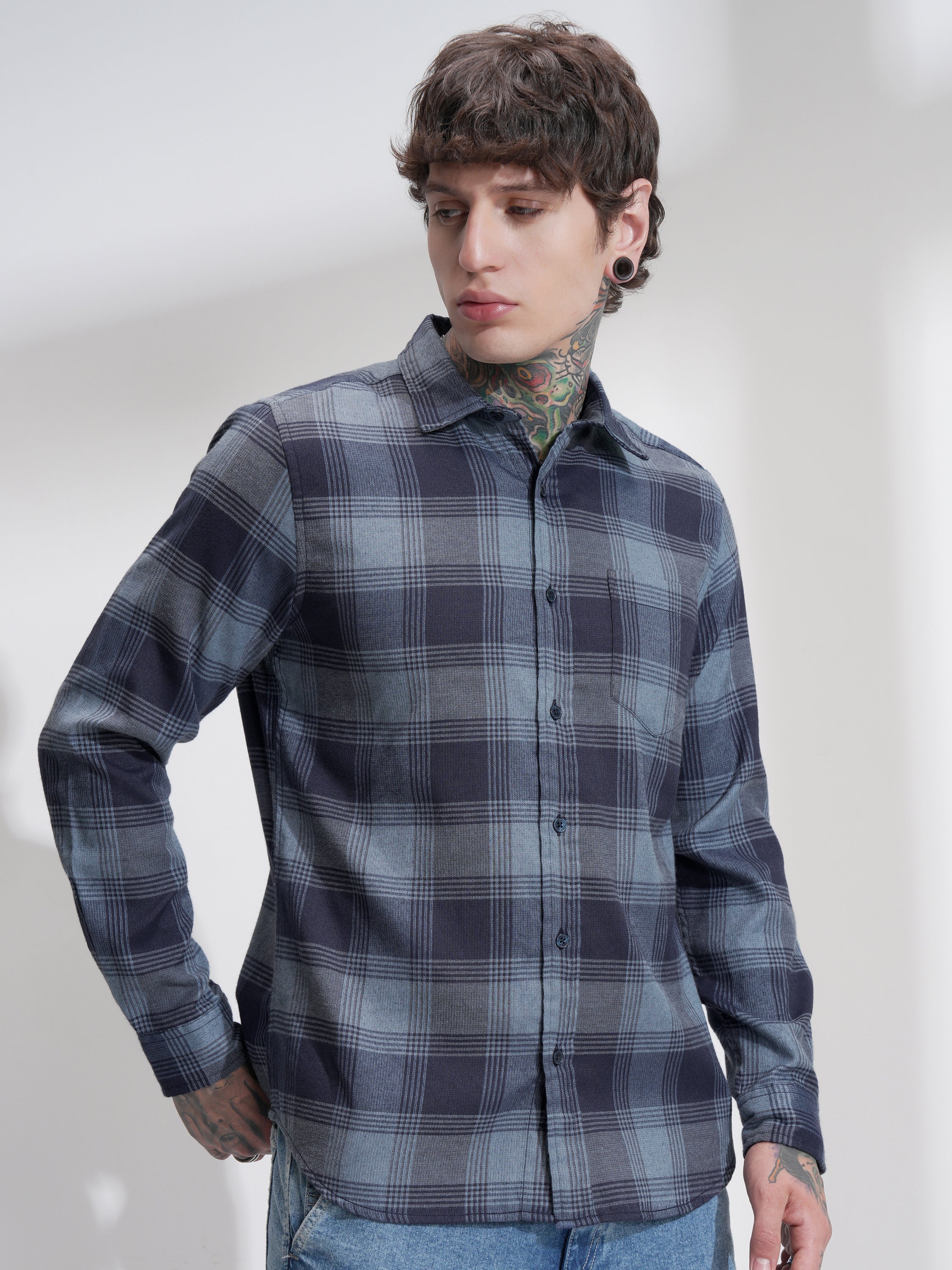 Highlander Men Navy Blue Checked Slim Fit Casual Shirt - Navy Blue - Image 6