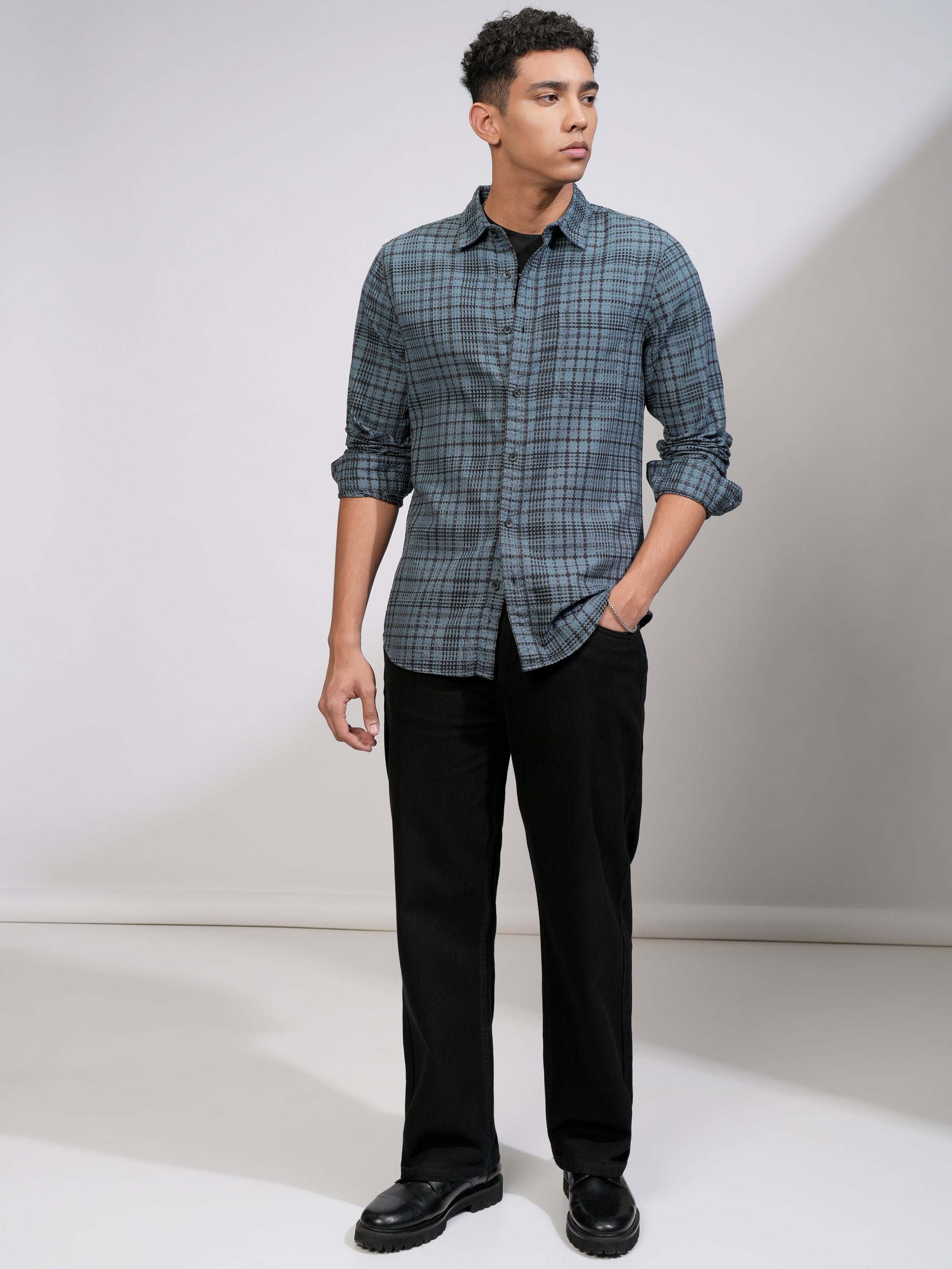 Highlander Men Blue Checked Slim Fit Casual Shirt - Blue - Image 2
