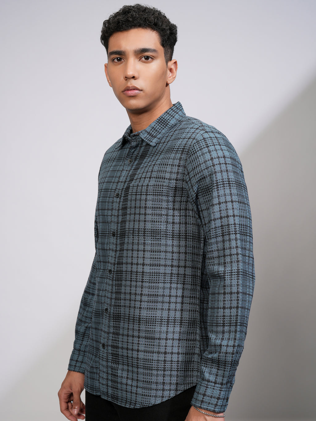 Highlander Men Blue Checked Slim Fit Casual Shirt - Blue - Image 4