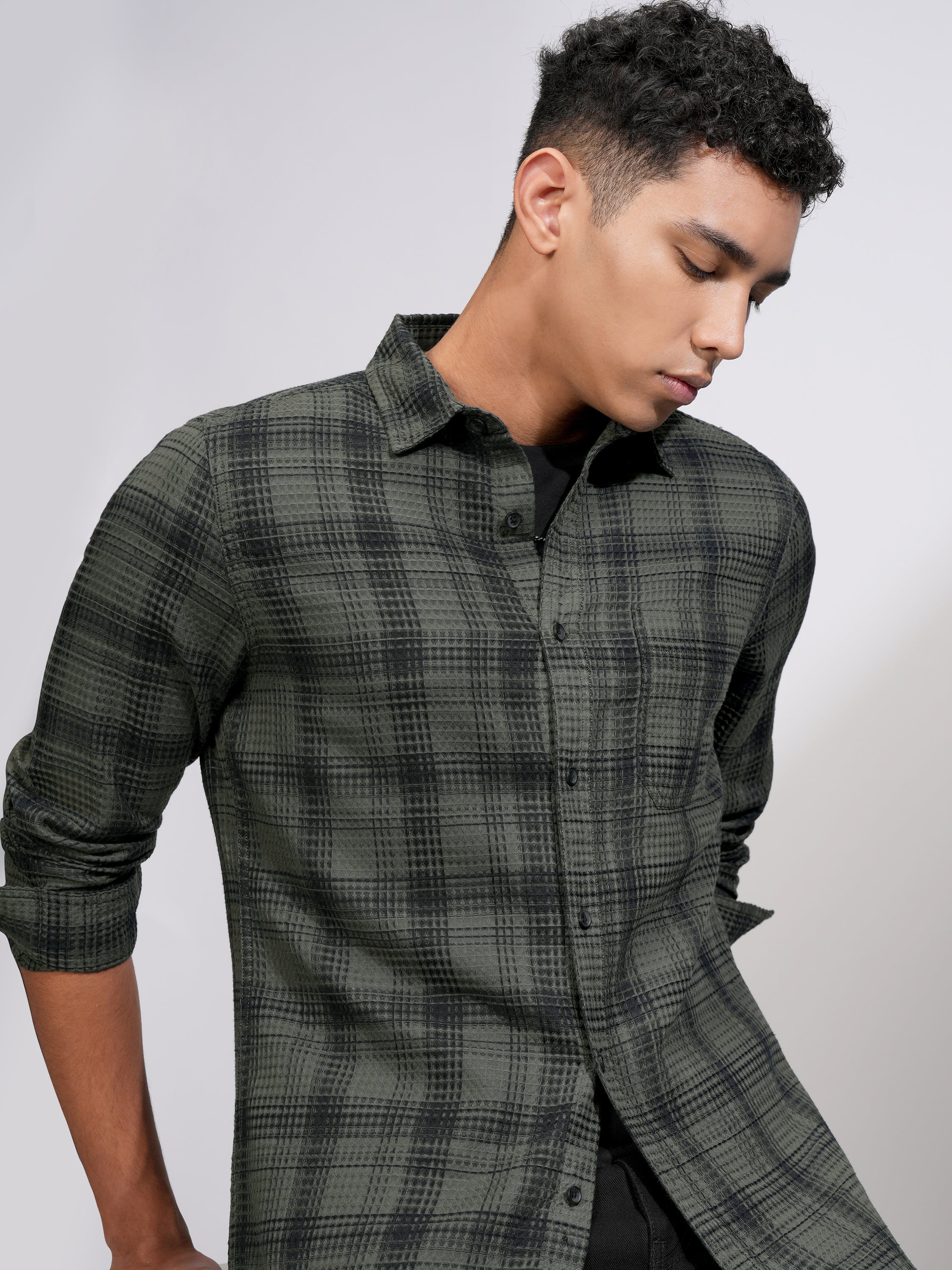 Highlander Men Olive Checked Slim Fit Casual Shirt - Olive - Image 1