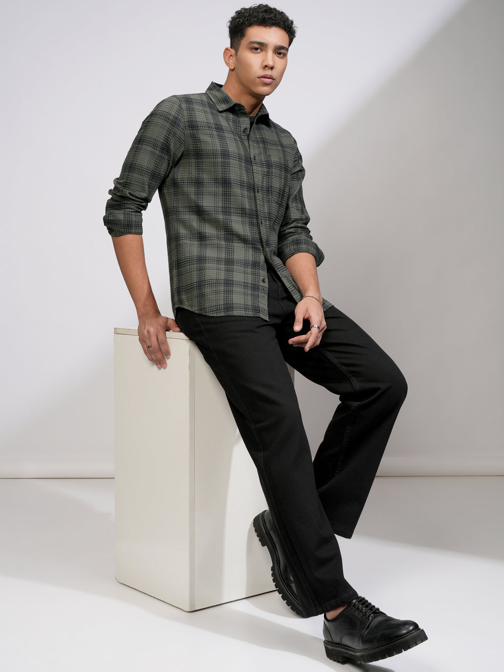 Highlander Men Olive Checked Slim Fit Casual Shirt - Olive - Image 2