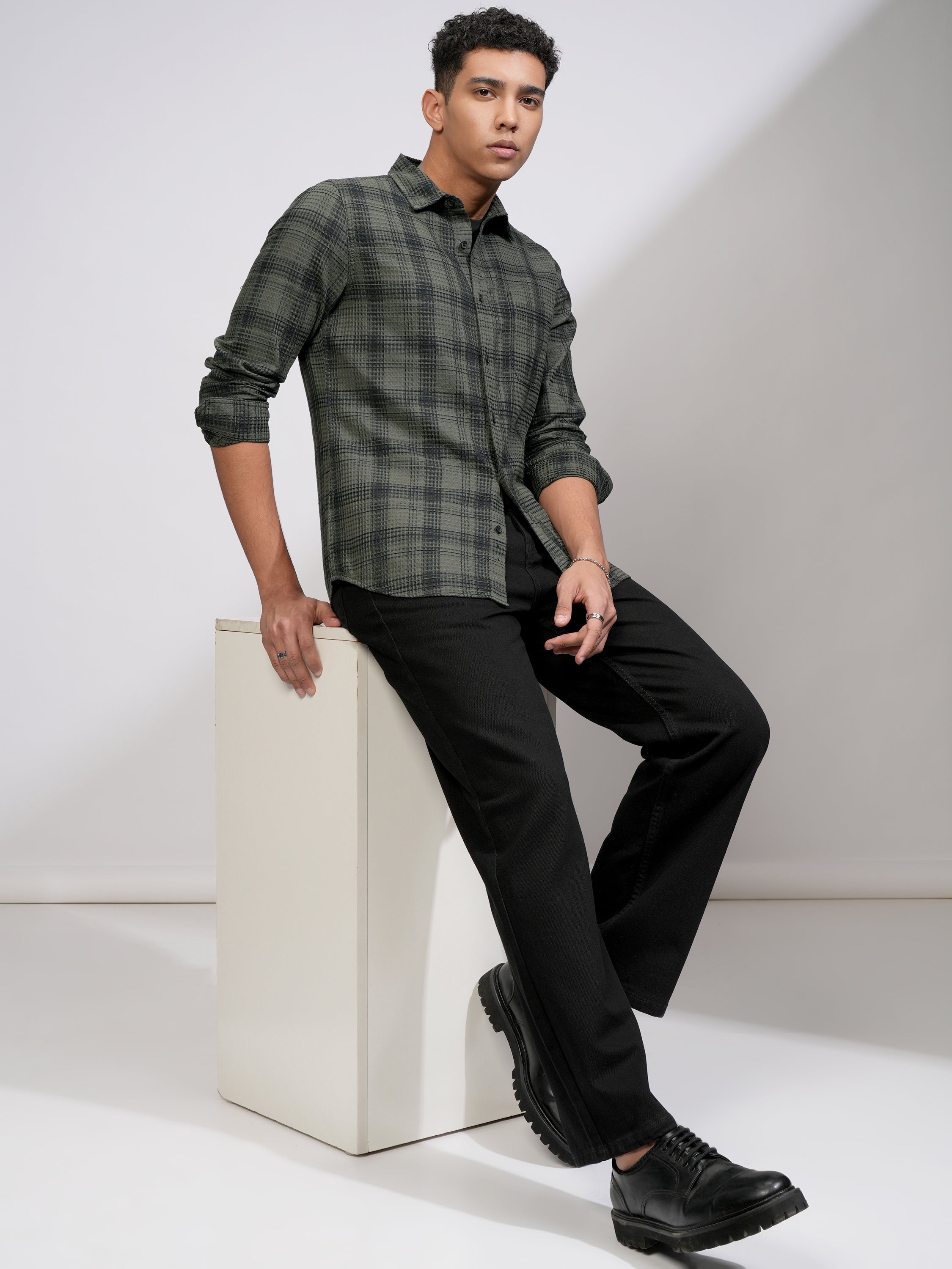 Highlander Men Olive Checked Slim Fit Casual Shirt - Olive - Image 2