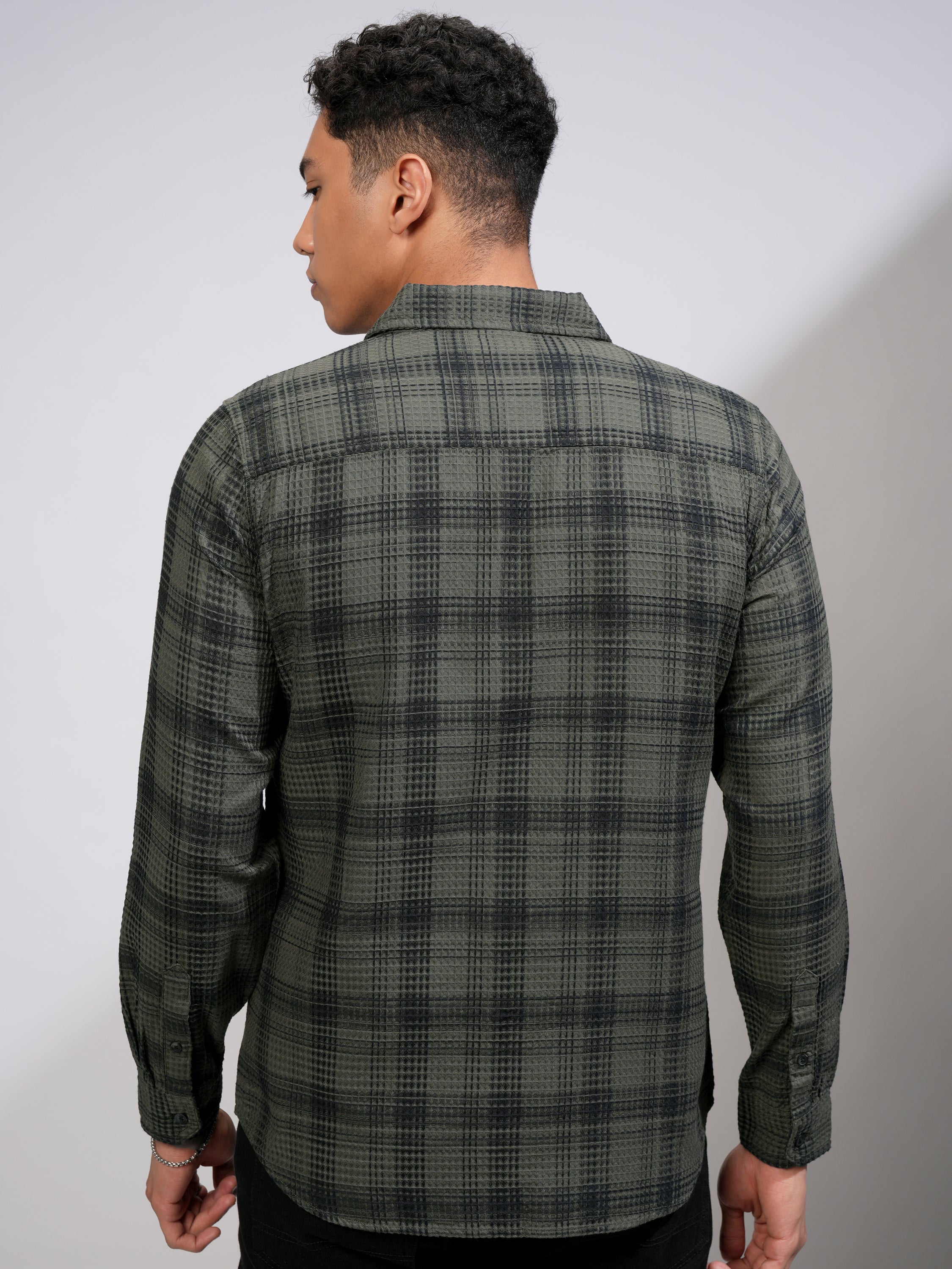 Highlander Men Olive Checked Slim Fit Casual Shirt - Olive - Image 3