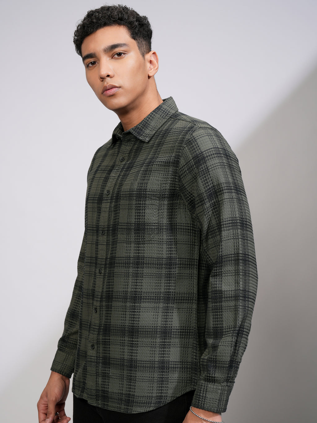 Highlander Men Olive Checked Slim Fit Casual Shirt - Olive - Image 4