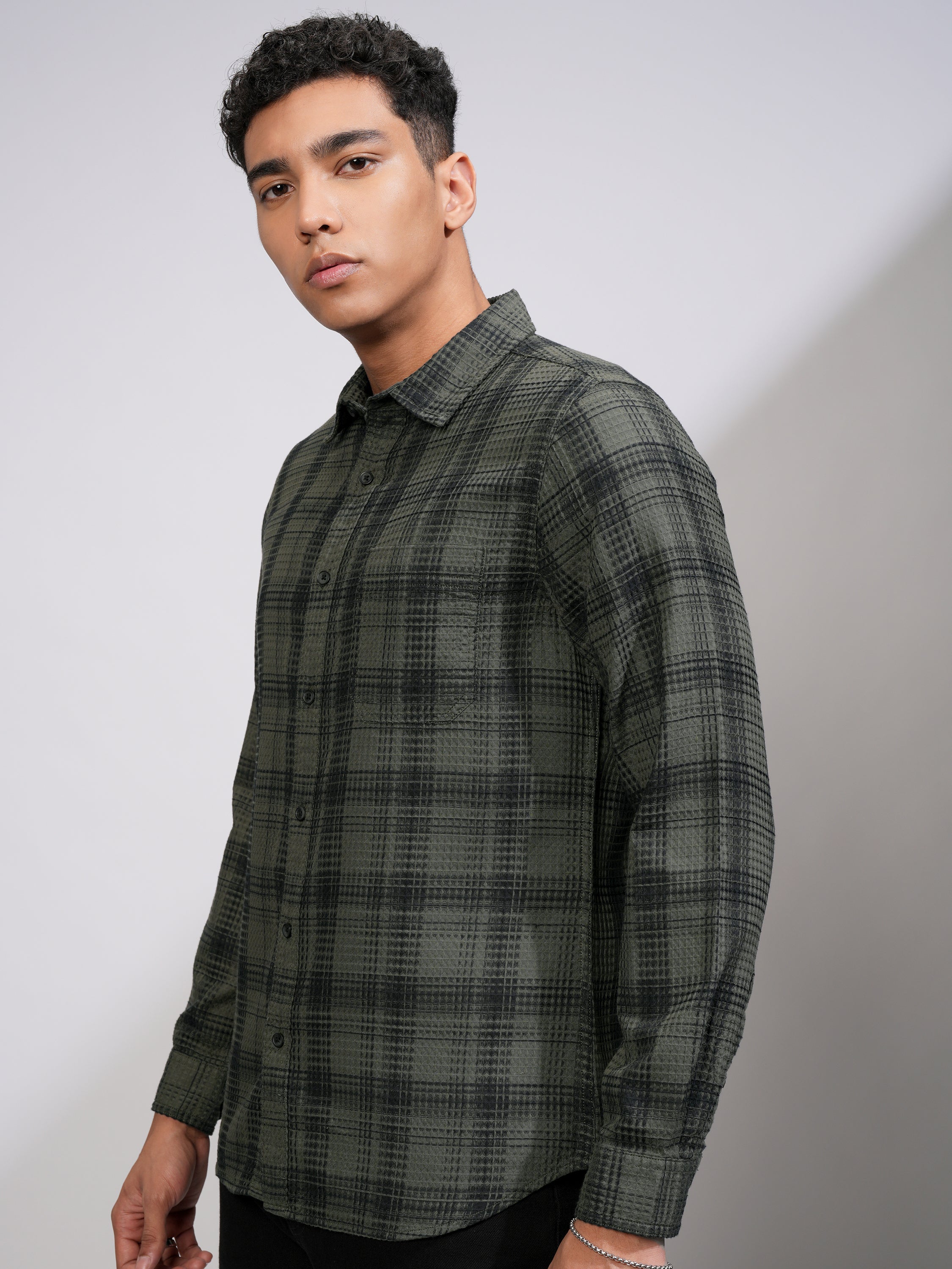 Highlander Men Olive Checked Slim Fit Casual Shirt - Olive - Image 4