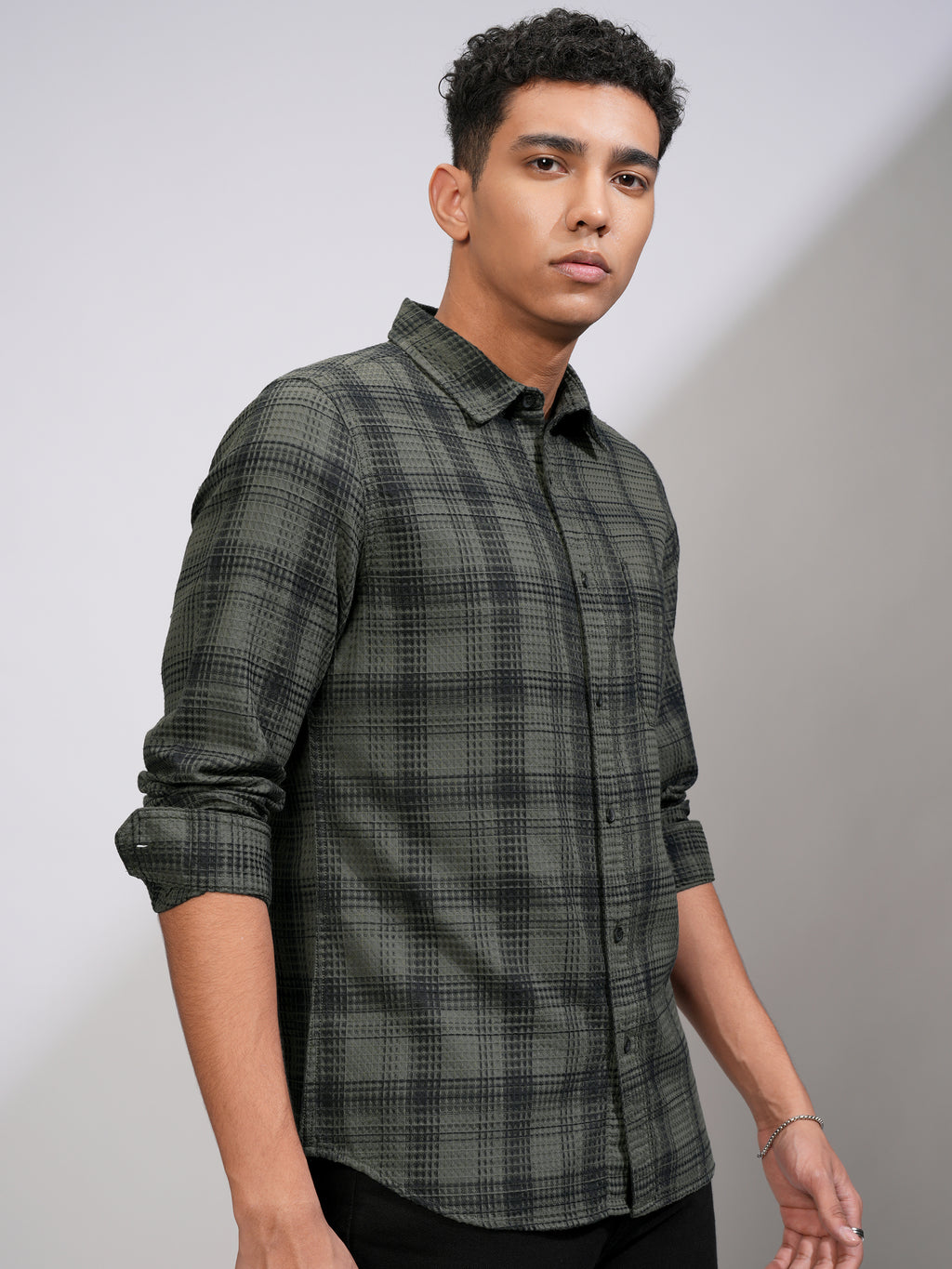 Highlander Men Olive Checked Slim Fit Casual Shirt - Olive - Image 6