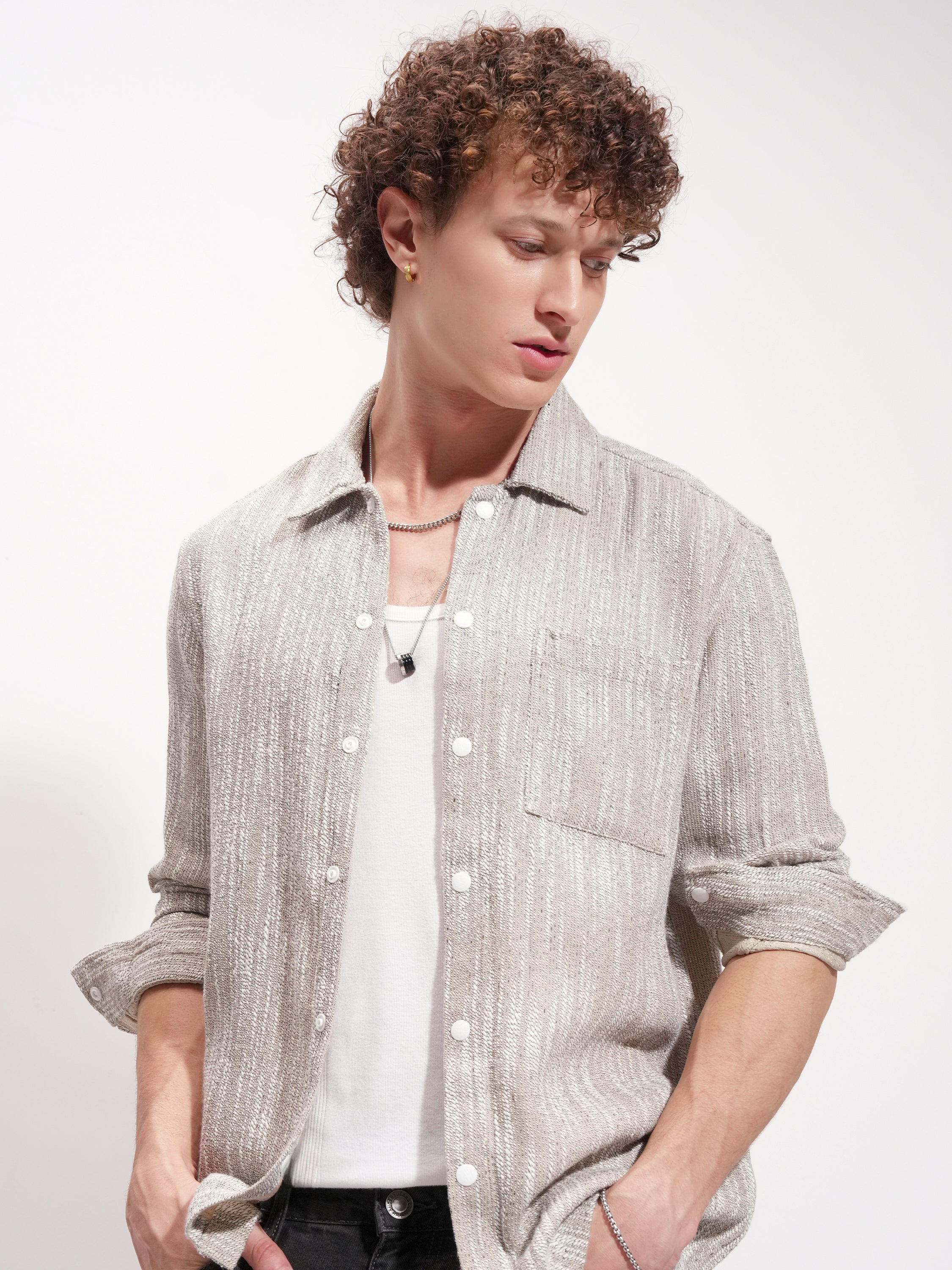 Highlander Men Beige Self Design Relaxed Fit Casual Shirt - Beige - Image 1