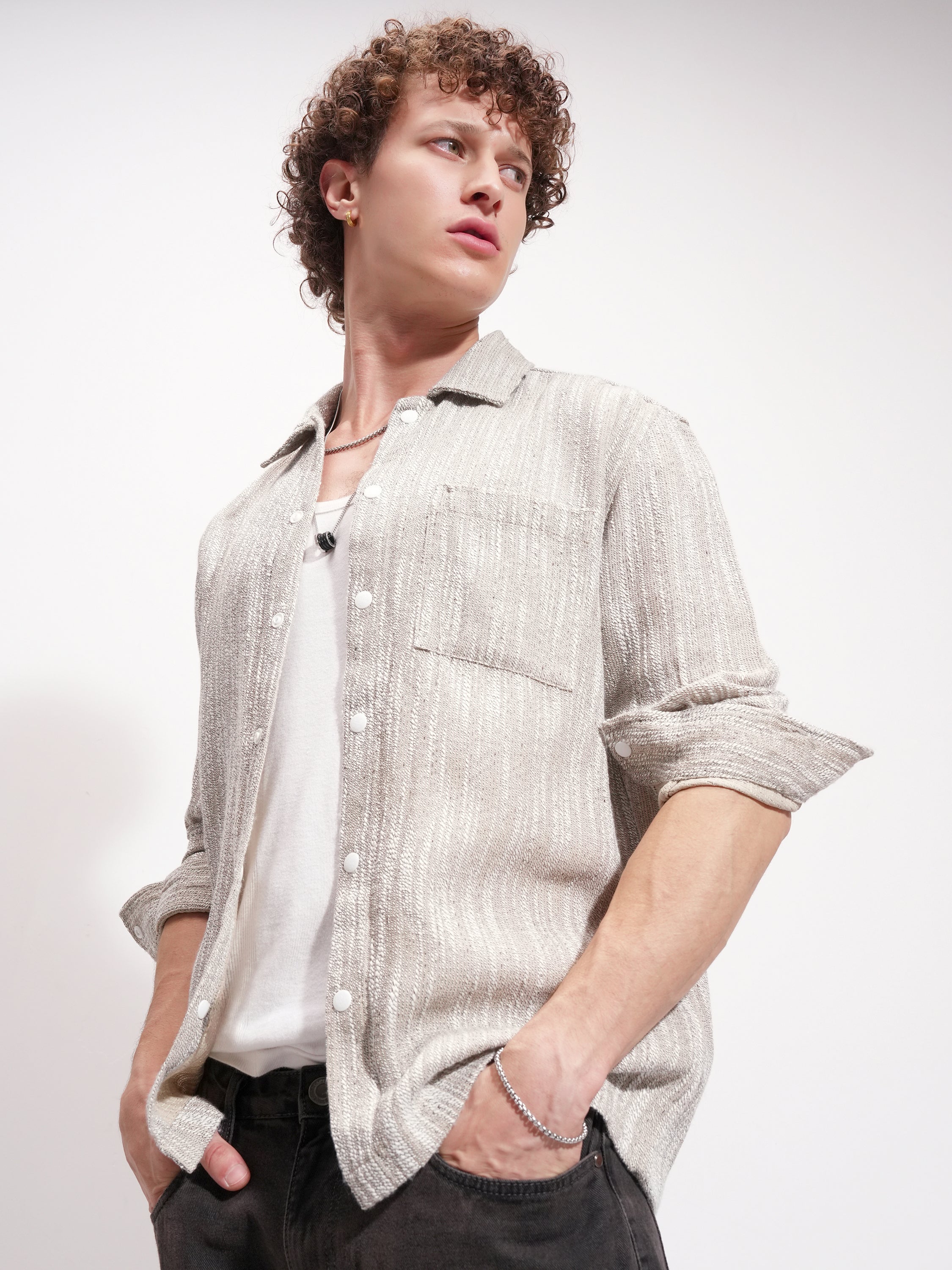 Highlander Men Beige Self Design Relaxed Fit Casual Shirt - Beige - Image 4