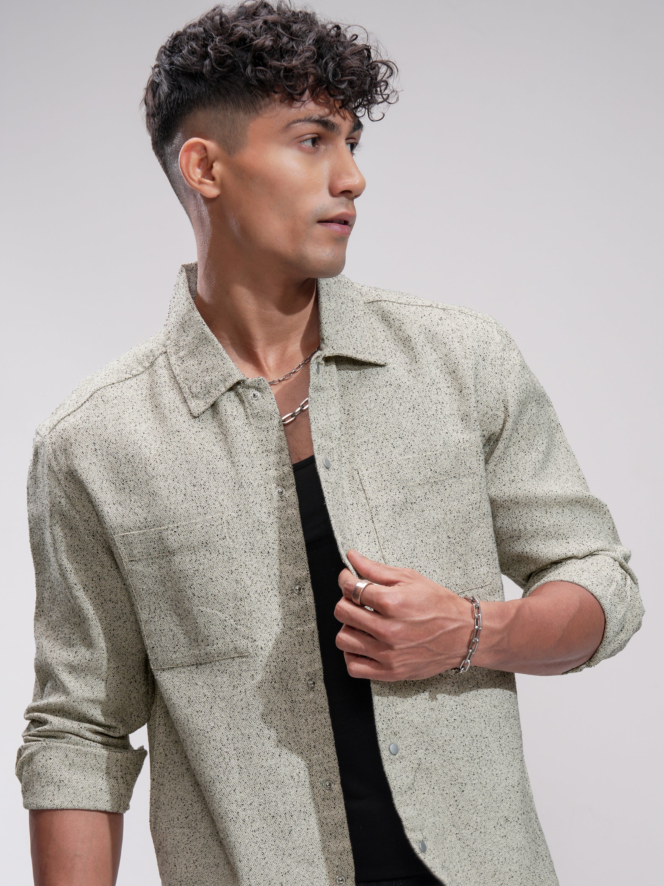 Highlander Men Cream Self Design Relaxed Fit Casual Shirt - Cream - Image 1