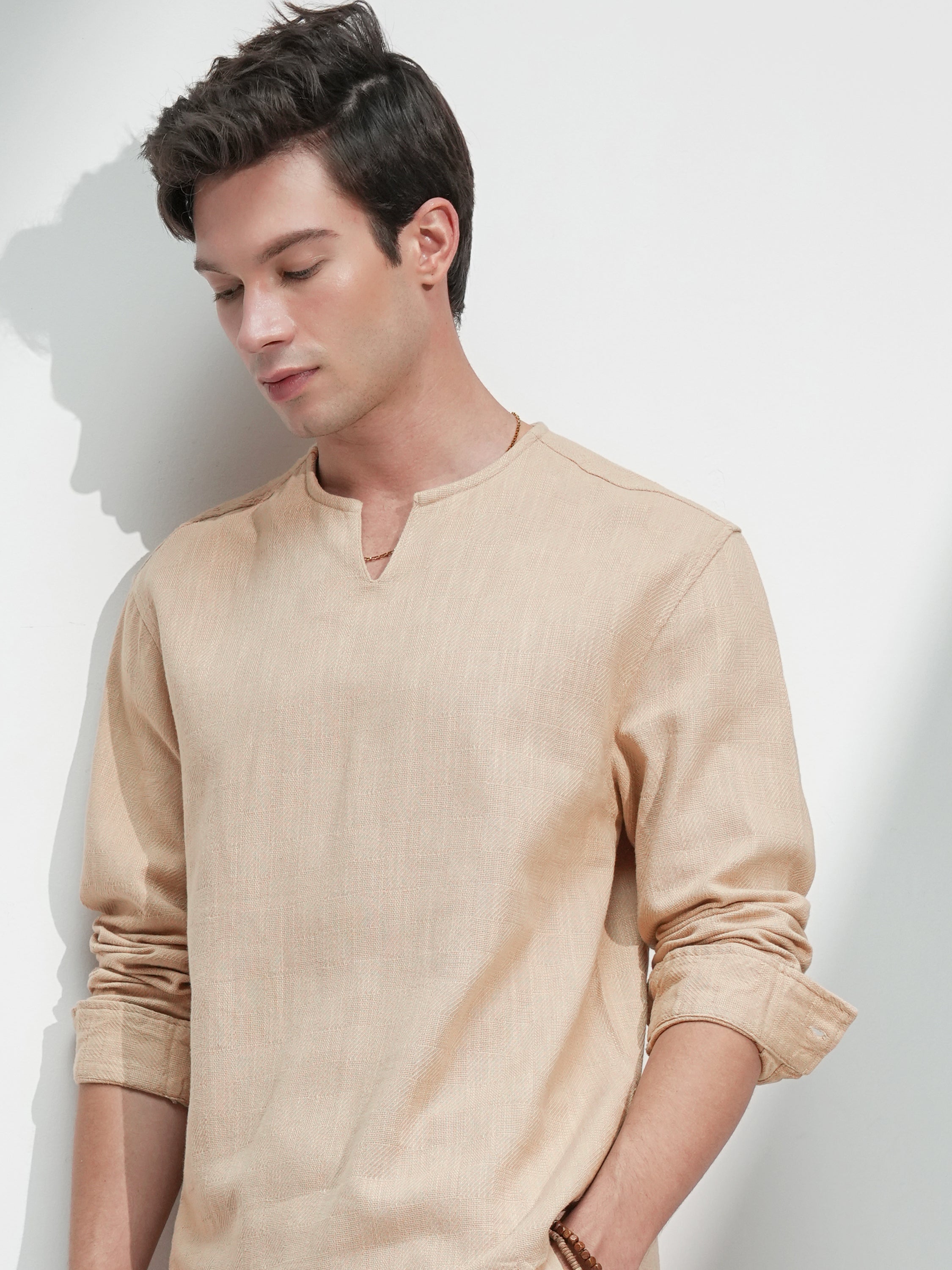 Highlander Men Beige Textured Relaxed Fit Casual Shirt - Beige - Image 1