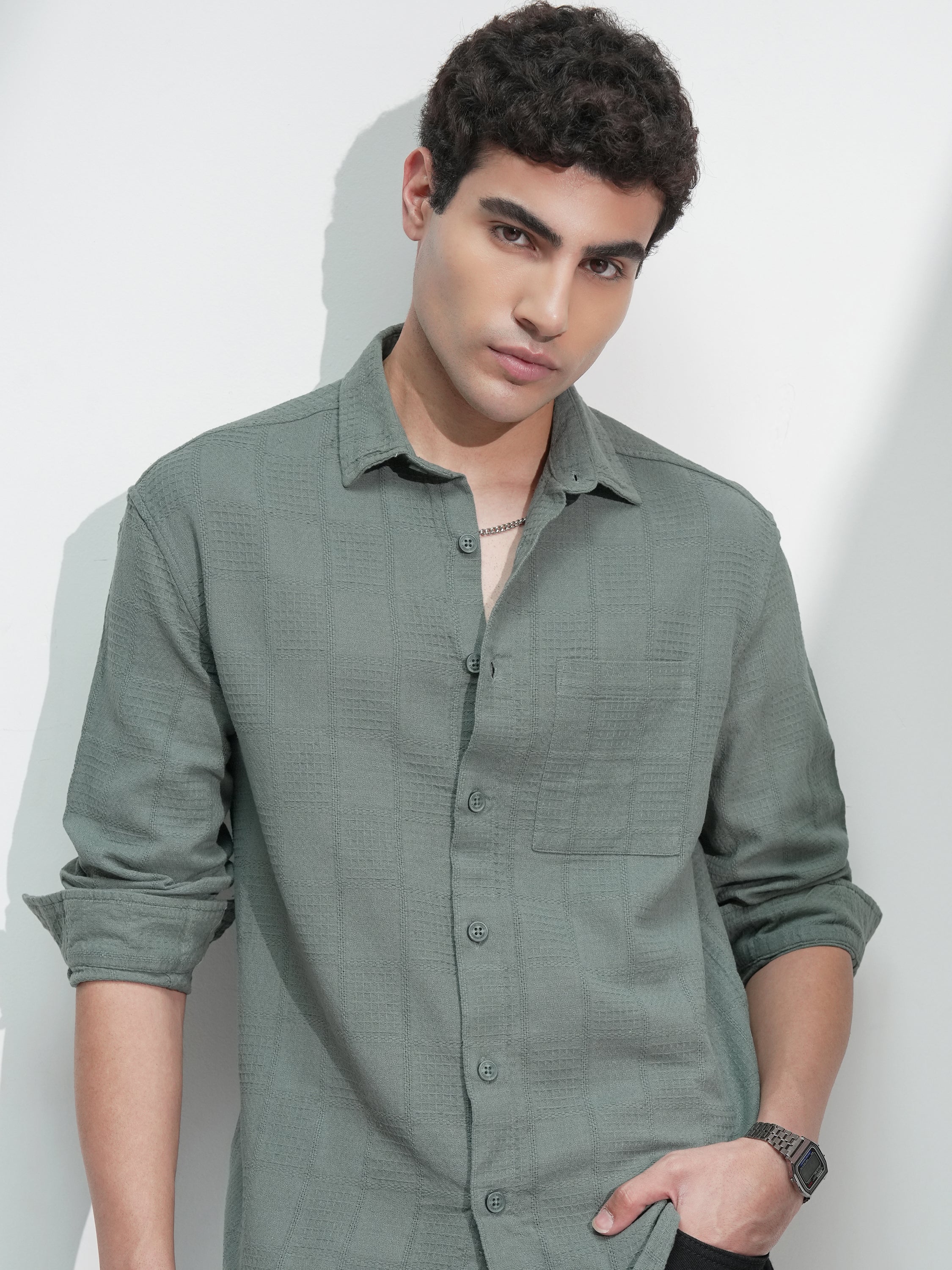 Highlander Men Olive Self Design Relaxed Fit Casual Shirt - Olive - Image 1