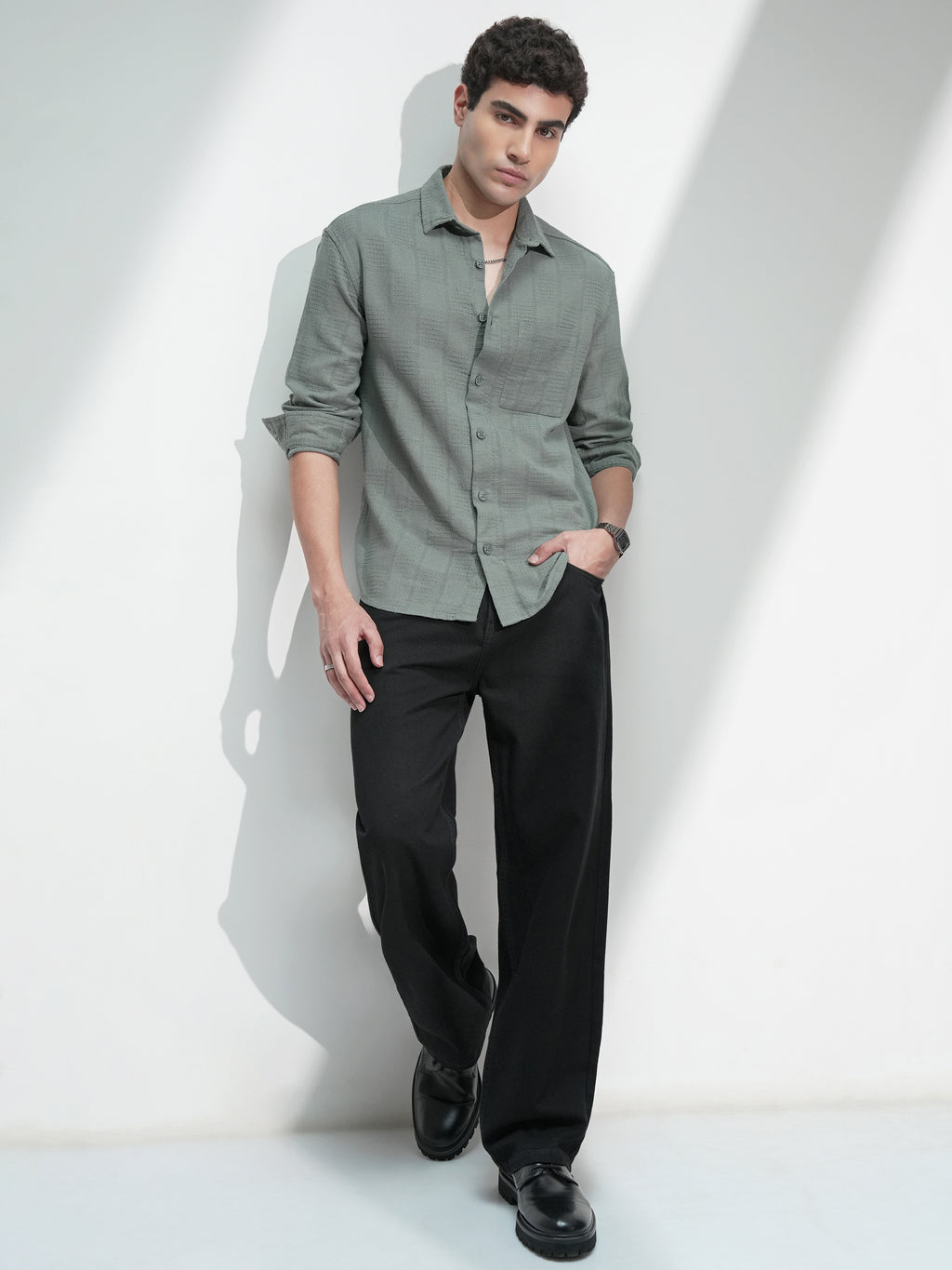 Highlander Men Olive Self Design Relaxed Fit Casual Shirt - Olive - Image 2