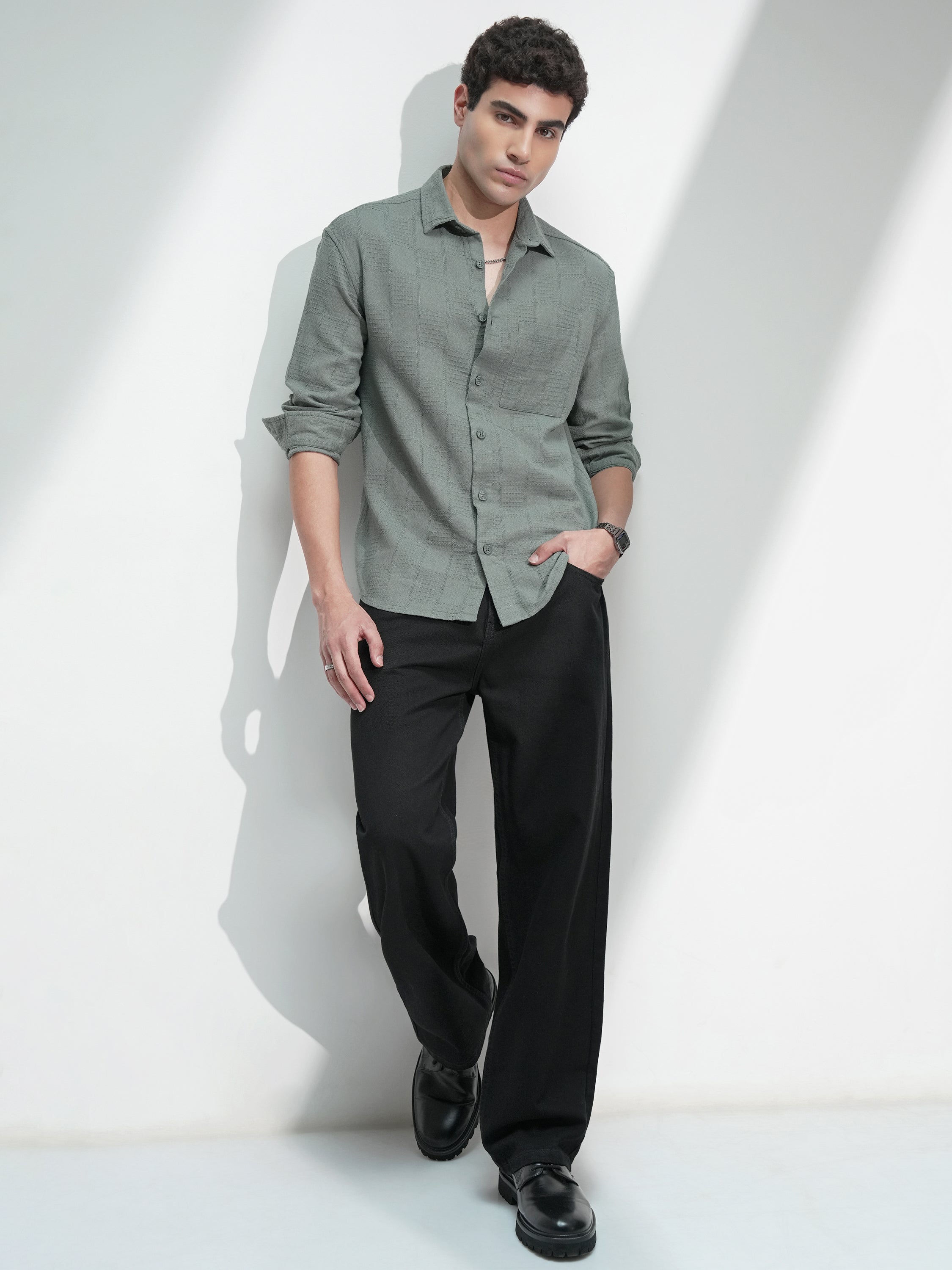 Highlander Men Olive Self Design Relaxed Fit Casual Shirt - Olive - Image 2