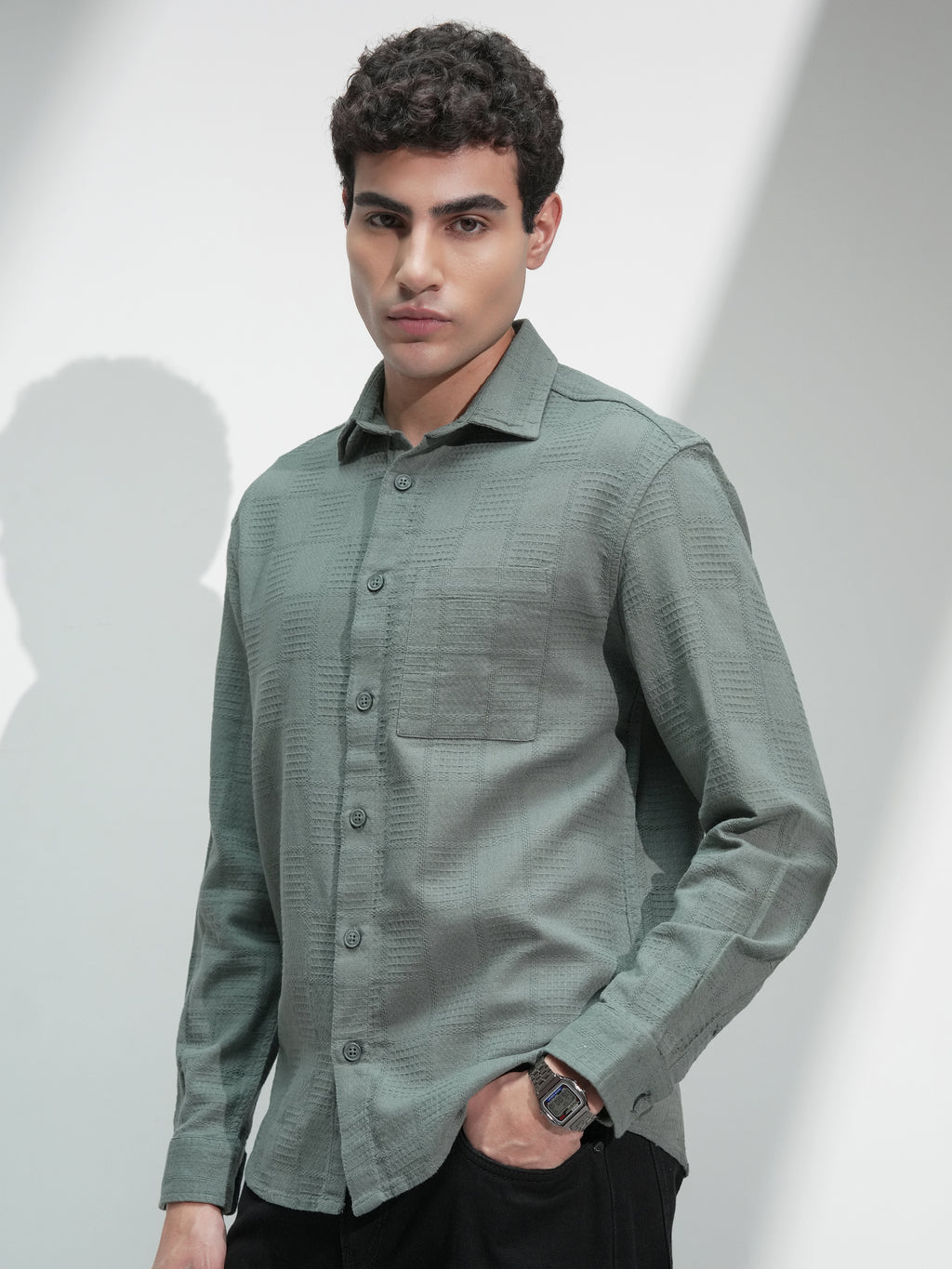 Highlander Men Olive Self Design Relaxed Fit Casual Shirt - Olive - Image 4