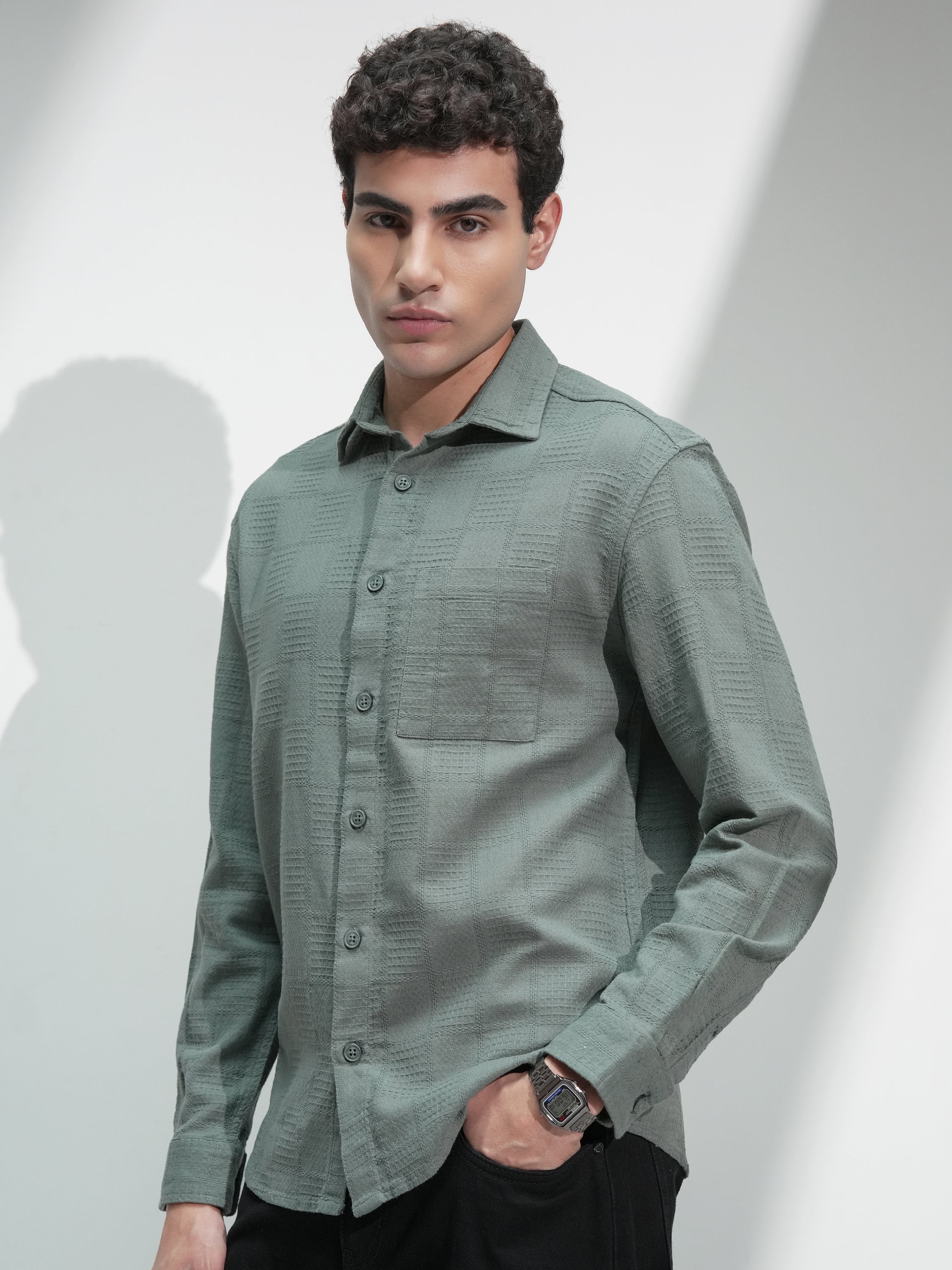 Highlander Men Olive Self Design Relaxed Fit Casual Shirt - Olive - Image 4