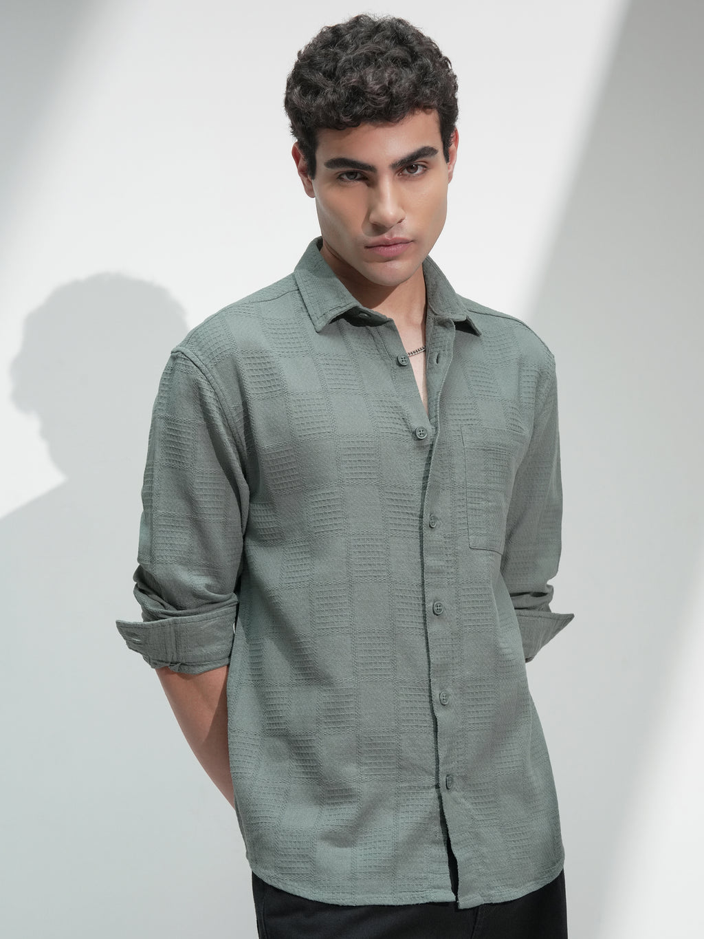 Highlander Men Olive Self Design Relaxed Fit Casual Shirt - Olive - Image 6