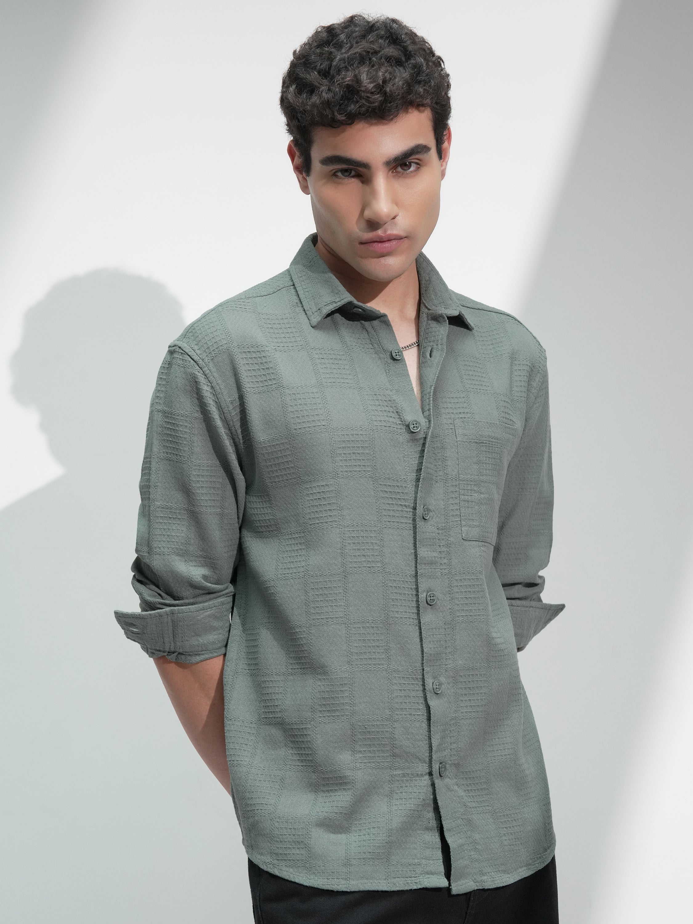 Highlander Men Olive Self Design Relaxed Fit Casual Shirt - Olive - Image 6