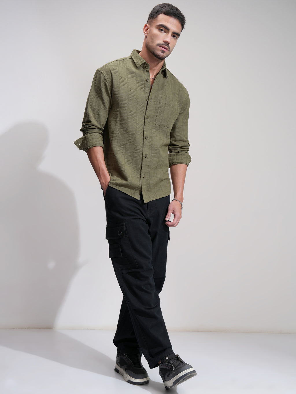 Highlander Men Olive Self Design Relaxed Fit Casual Shirt - Olive - Image 2