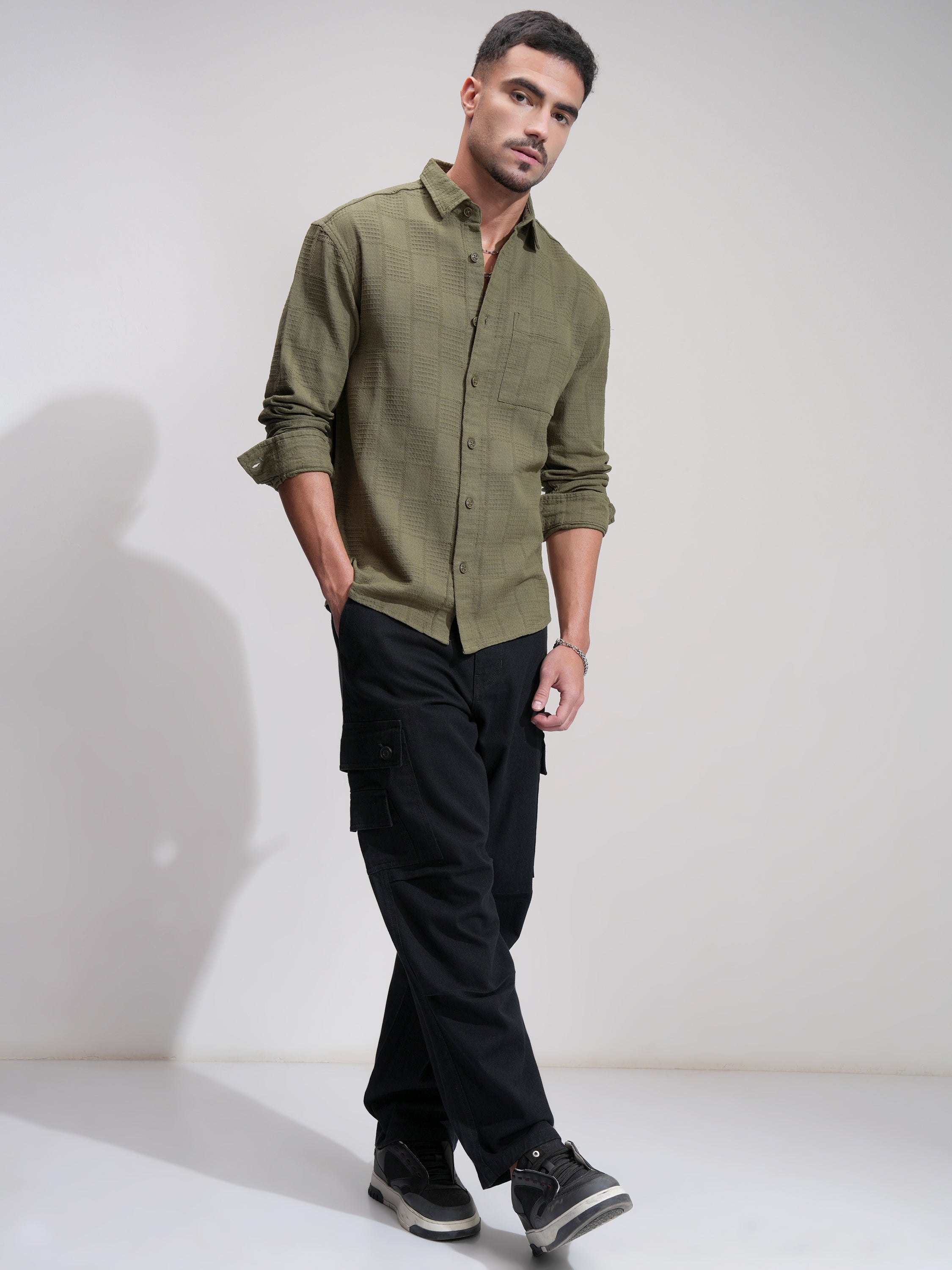 Highlander Men Olive Self Design Relaxed Fit Casual Shirt - Olive - Image 2