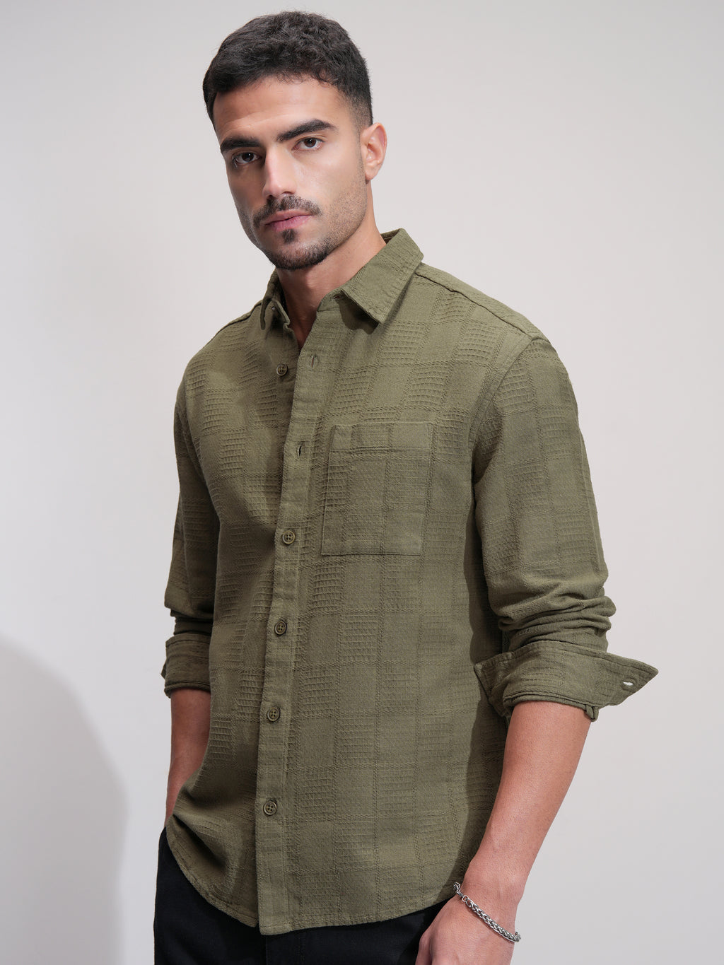 Highlander Men Olive Self Design Relaxed Fit Casual Shirt - Olive - Image 4