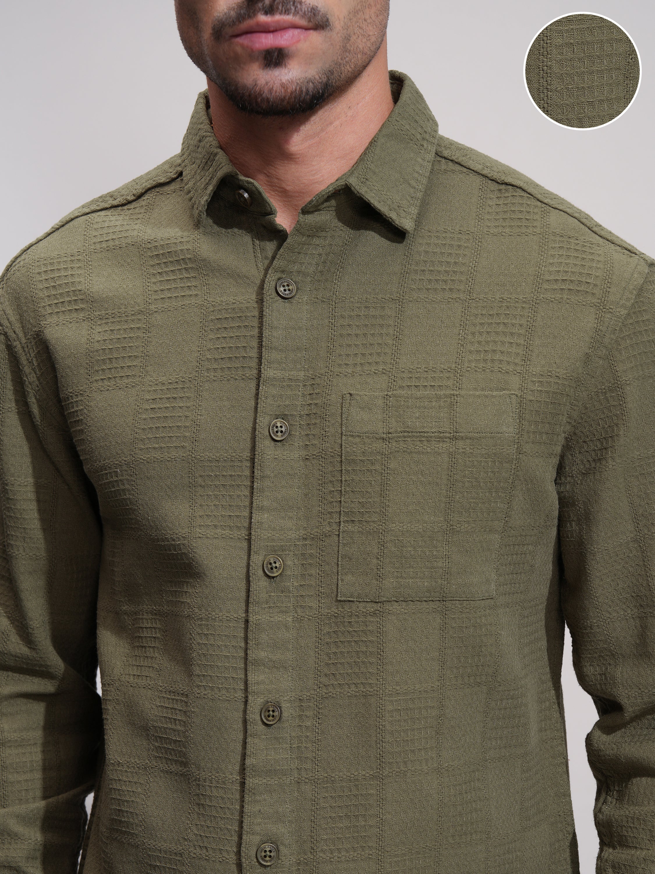Highlander Men Olive Self Design Relaxed Fit Casual Shirt - Olive - Image 5