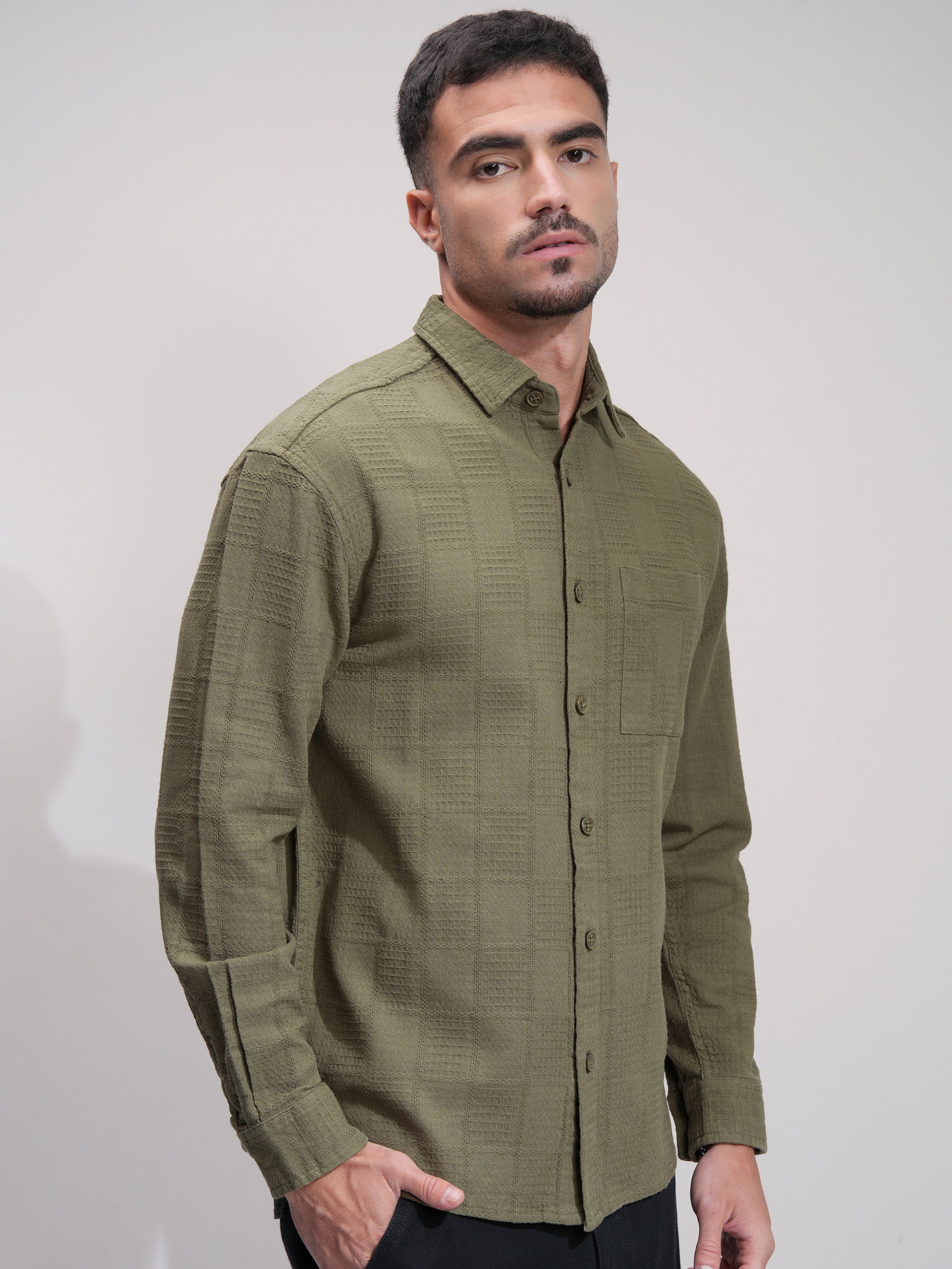 Highlander Men Olive Self Design Relaxed Fit Casual Shirt - Olive - Image 6