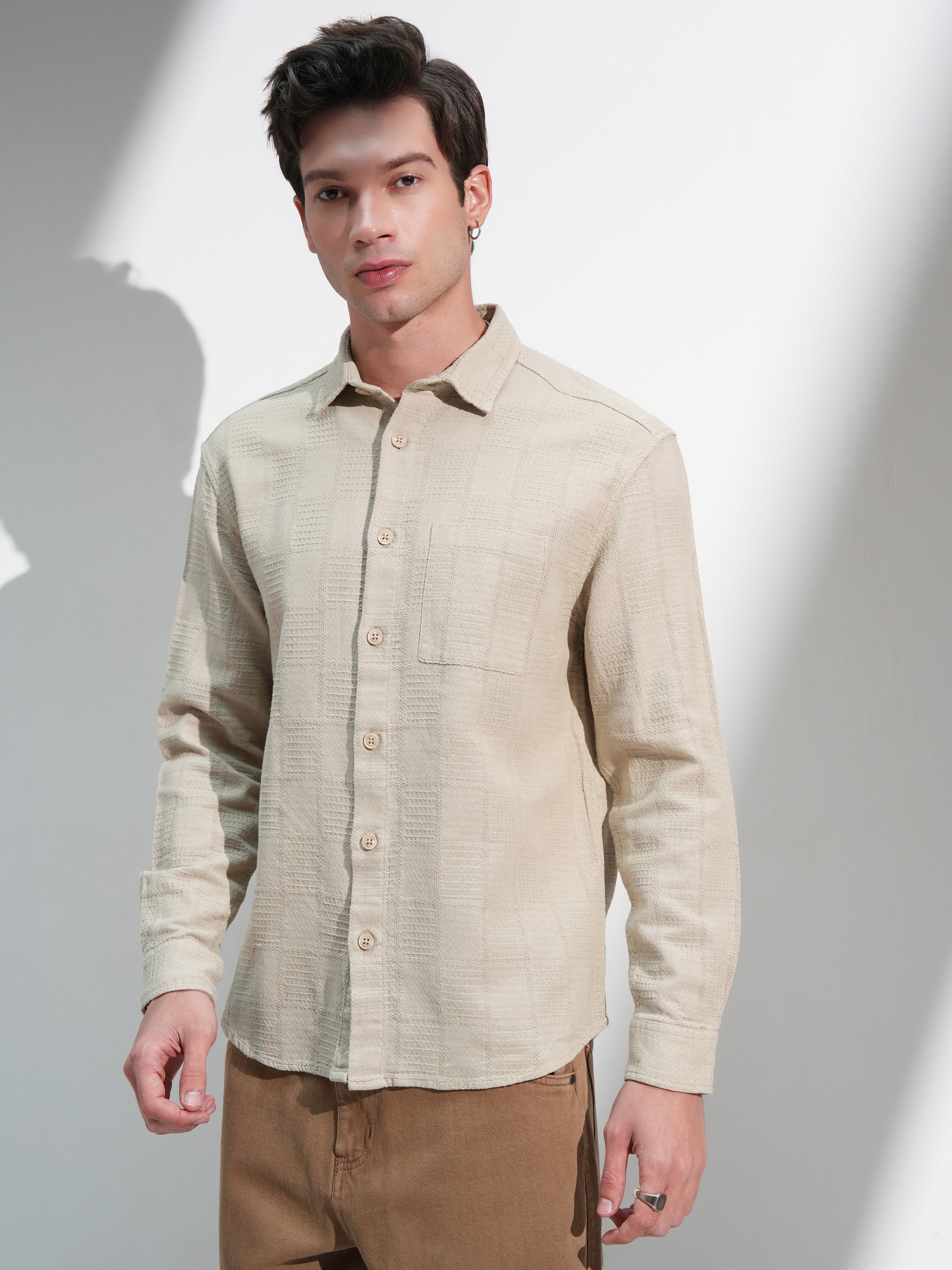 Highlander Men Beige Self Design Relaxed Fit Casual Shirt - Beige - Image 1