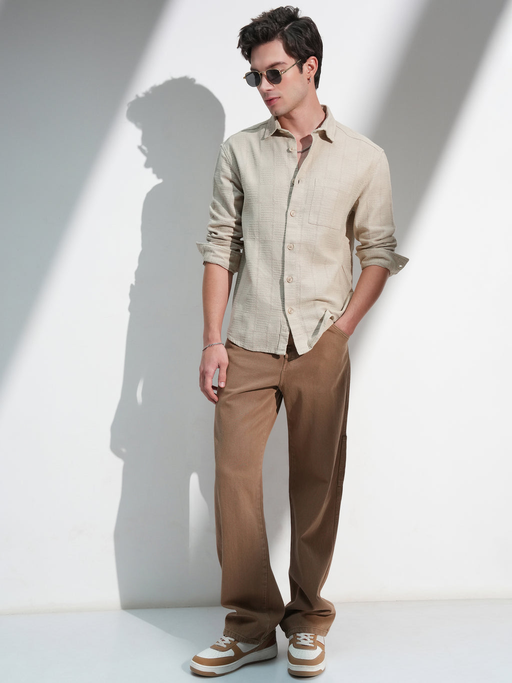 Highlander Men Beige Self Design Relaxed Fit Casual Shirt - Beige - Image 2