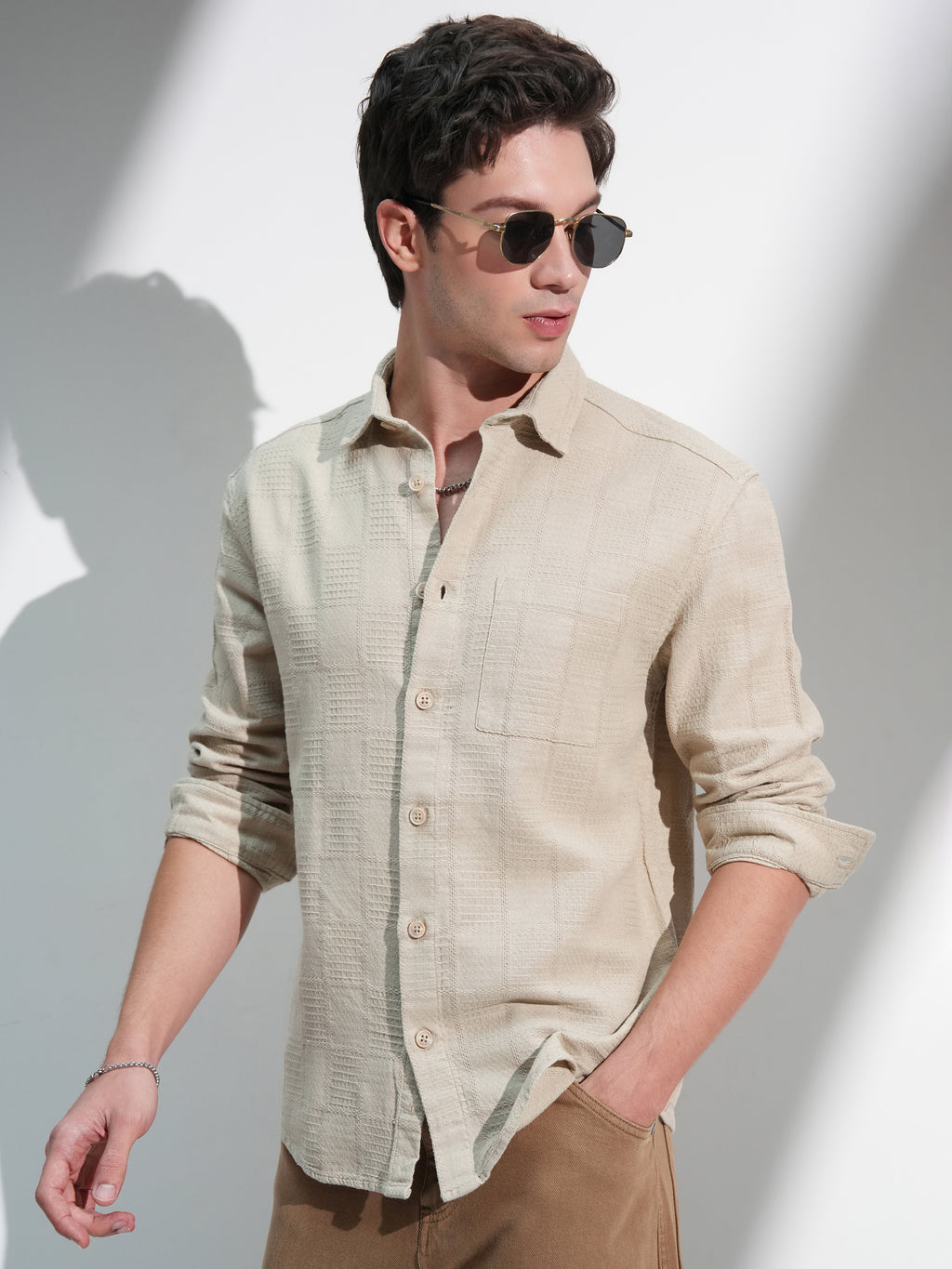 Highlander Men Beige Self Design Relaxed Fit Casual Shirt - Beige - Image 4