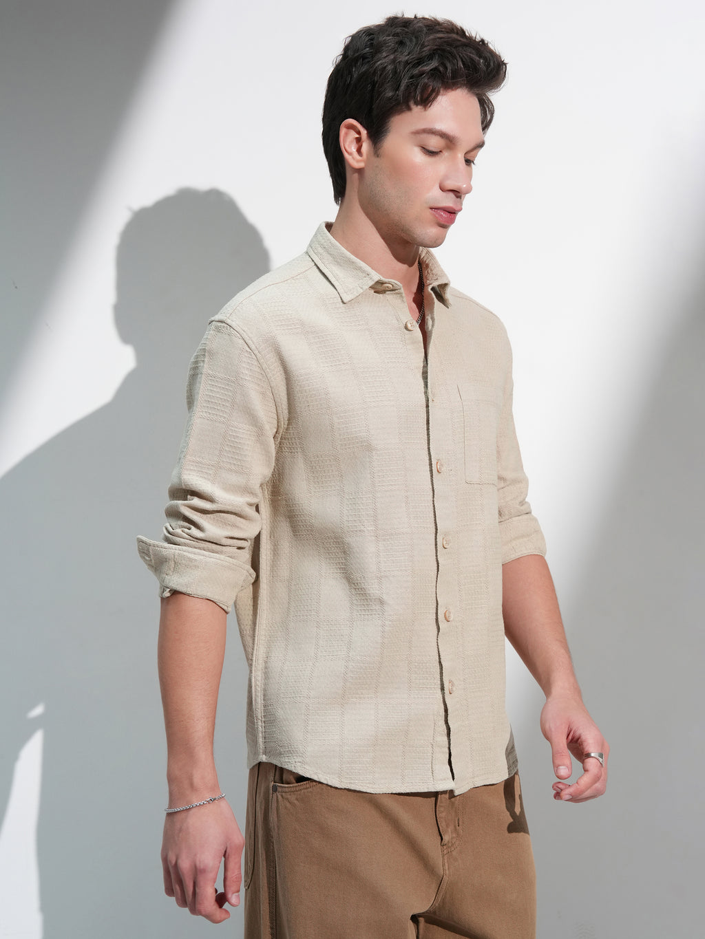 Highlander Men Beige Self Design Relaxed Fit Casual Shirt - Beige - Image 6