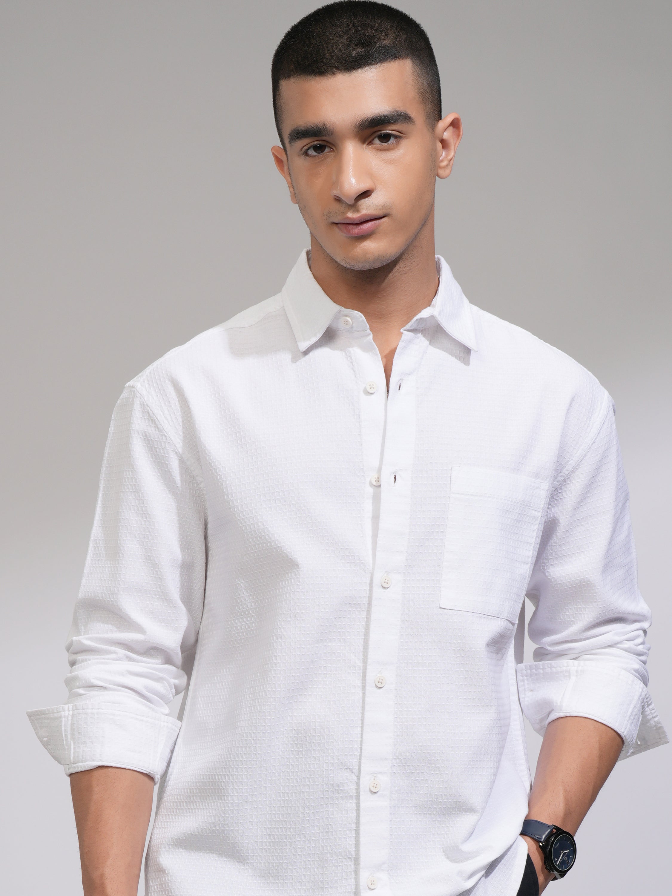 Highlander Men Black Textured Relaxed Fit Casual Shirt - White - Image 1