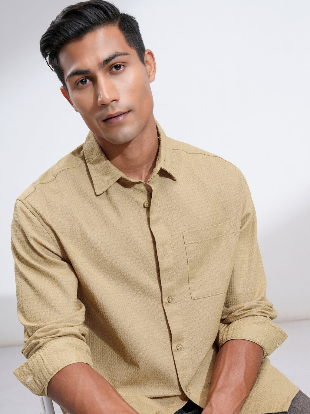 Highlander Men Beige Self Design Relaxed Fit Casual Shirt - Beige - Image 1