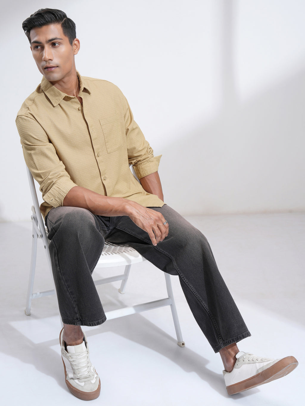 Highlander Men Beige Self Design Relaxed Fit Casual Shirt - Beige - Image 2