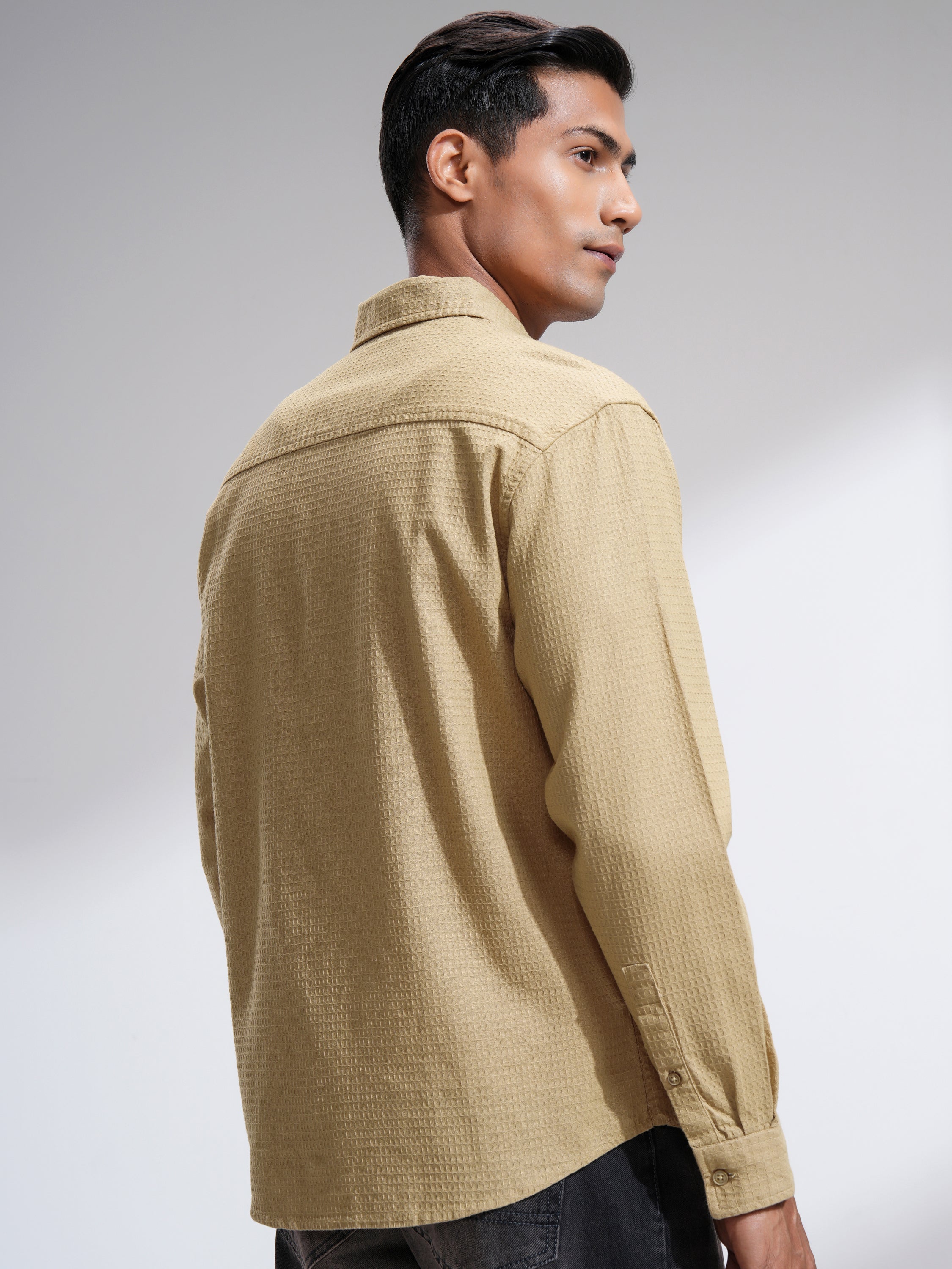 Highlander Men Beige Self Design Relaxed Fit Casual Shirt - Beige - Image 3