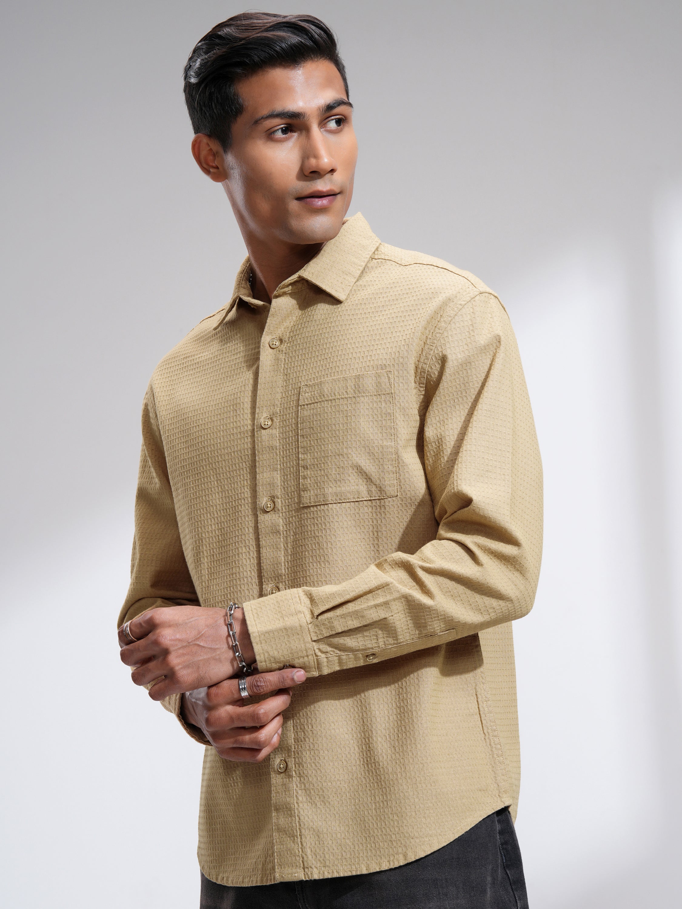 Highlander Men Beige Self Design Relaxed Fit Casual Shirt - Beige - Image 4