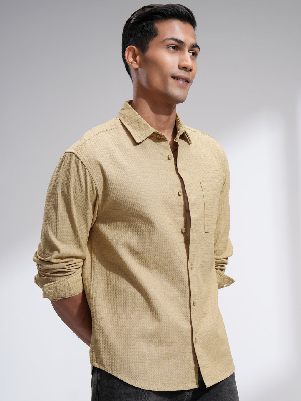 Highlander Men Beige Self Design Relaxed Fit Casual Shirt - Beige - Image 6