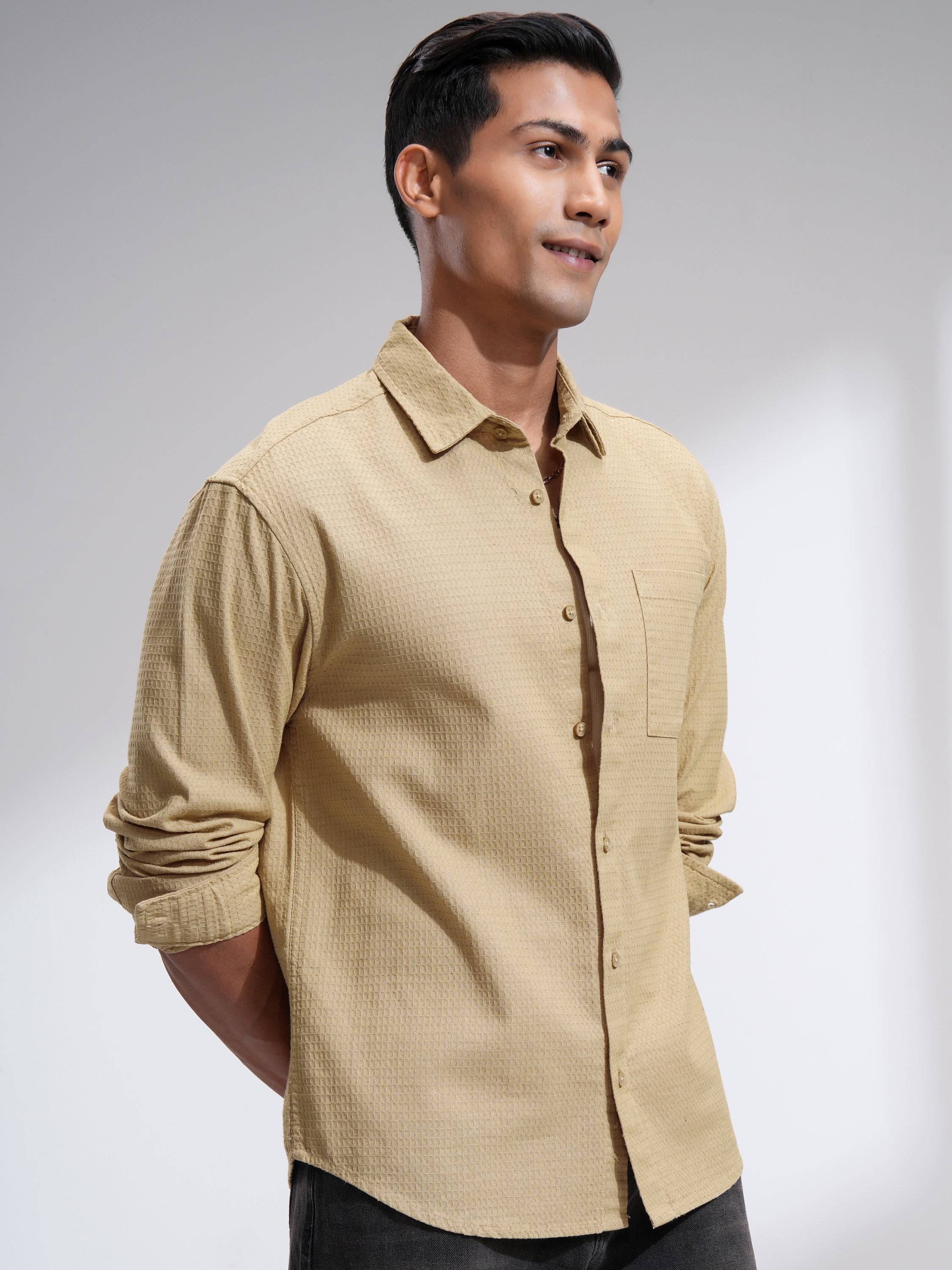 Highlander Men Beige Self Design Relaxed Fit Casual Shirt - Beige - Image 6