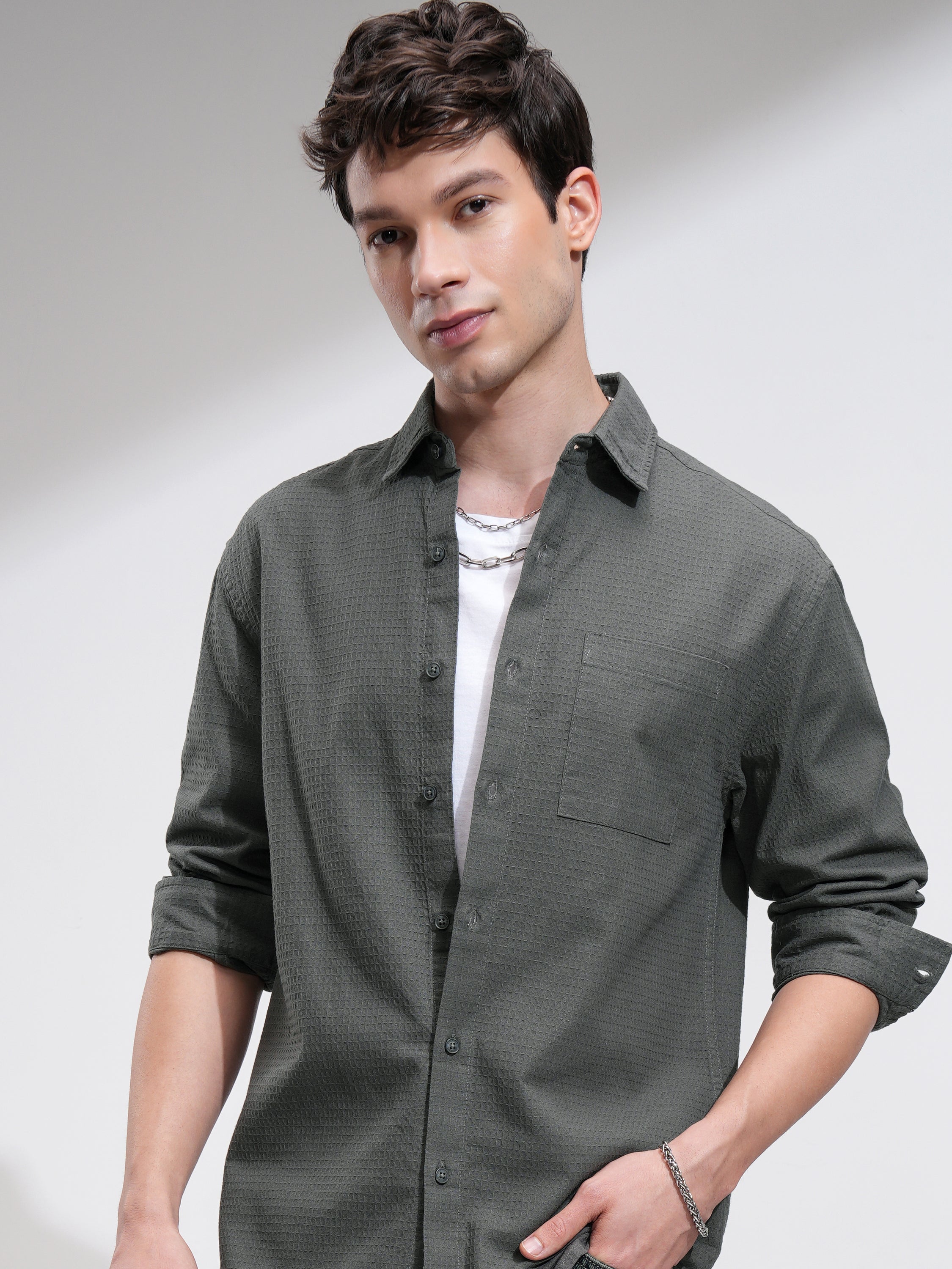 Highlander Men Olive Textured Relaxed Fit Casual Shirt - Olive - Image 1