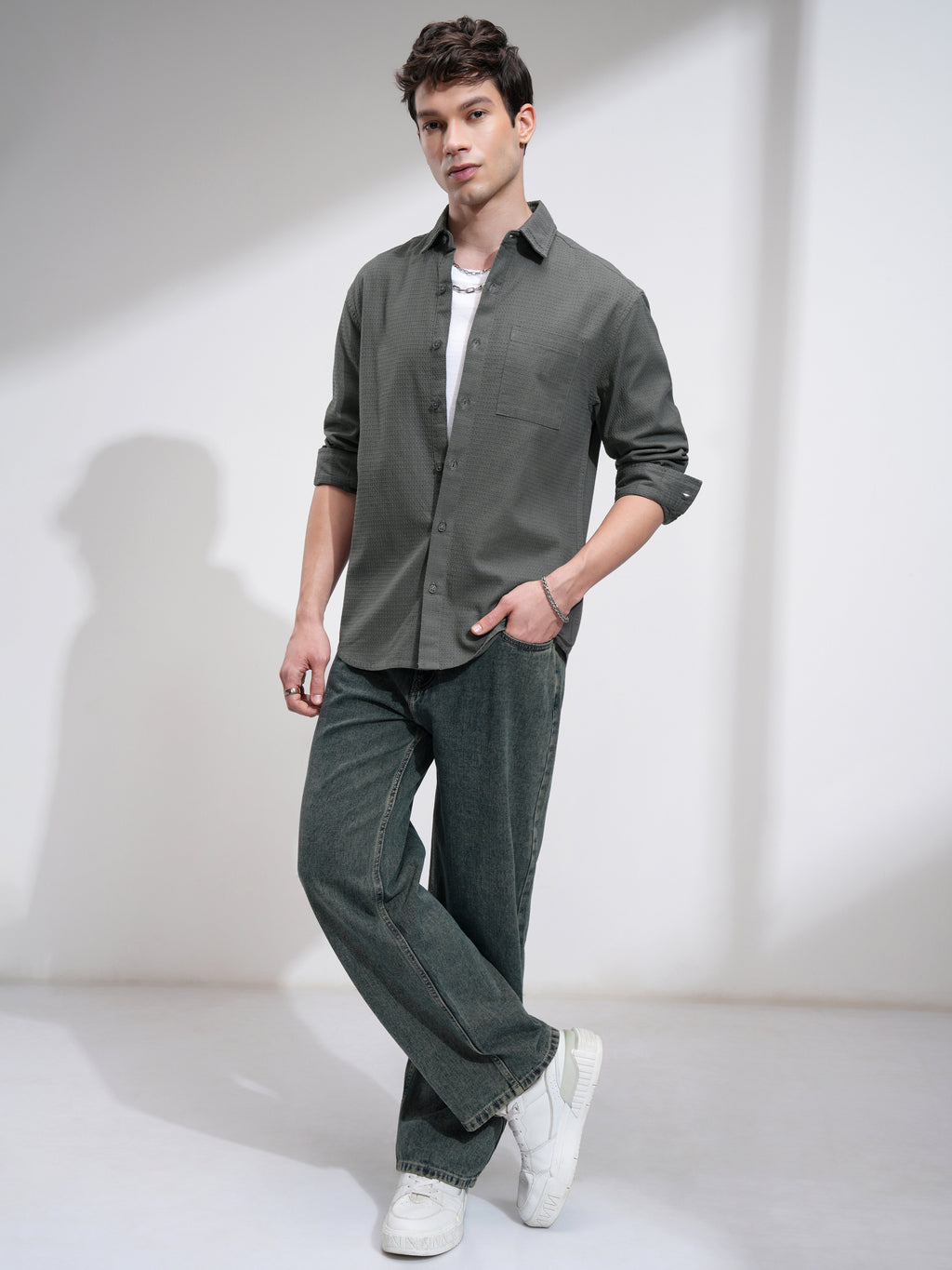Highlander Men Olive Textured Relaxed Fit Casual Shirt - Olive - Image 2